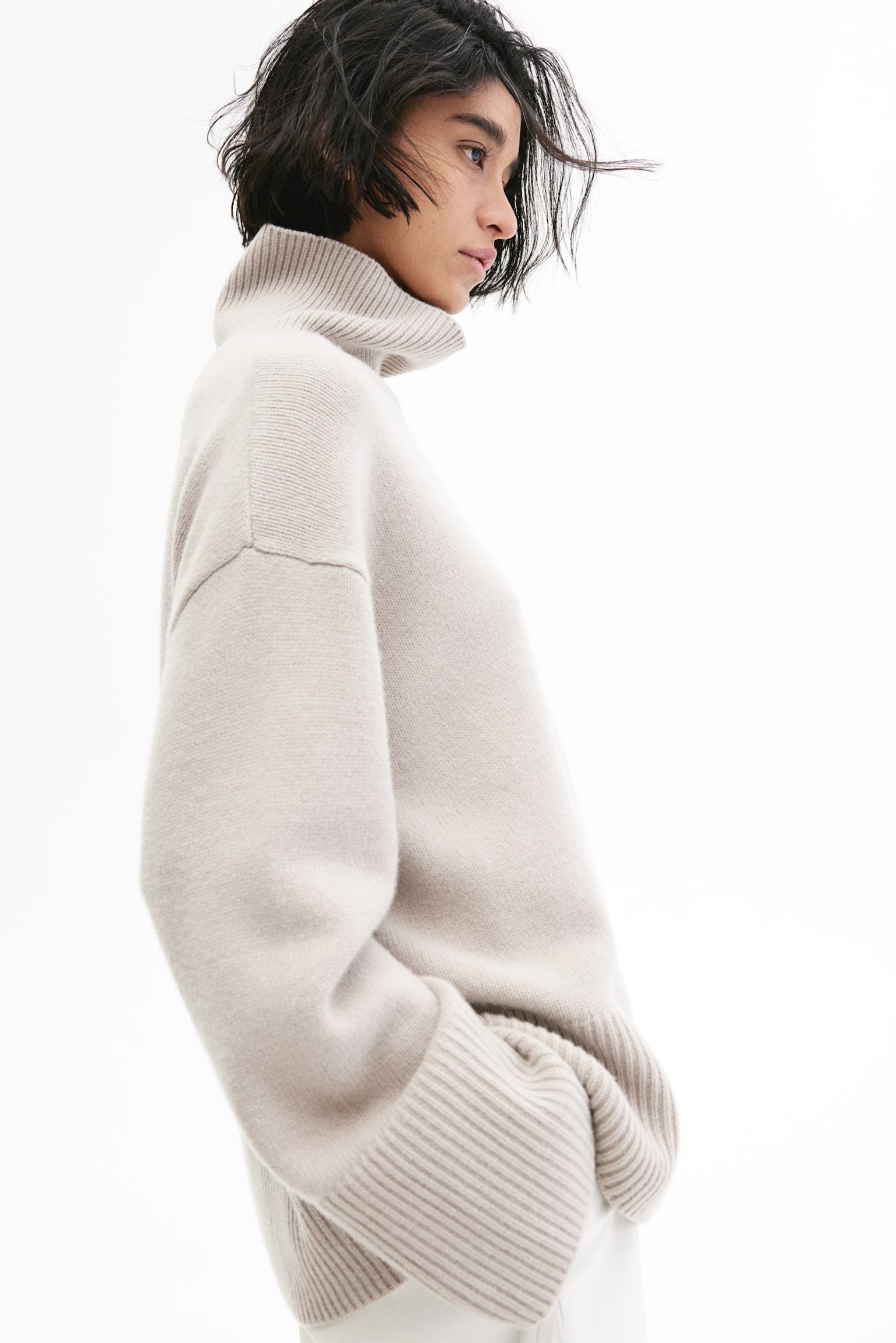 Cashmere-blend polo-neck jumper - Light greige/Dark grey marl/Natural white/Dark brown - 1