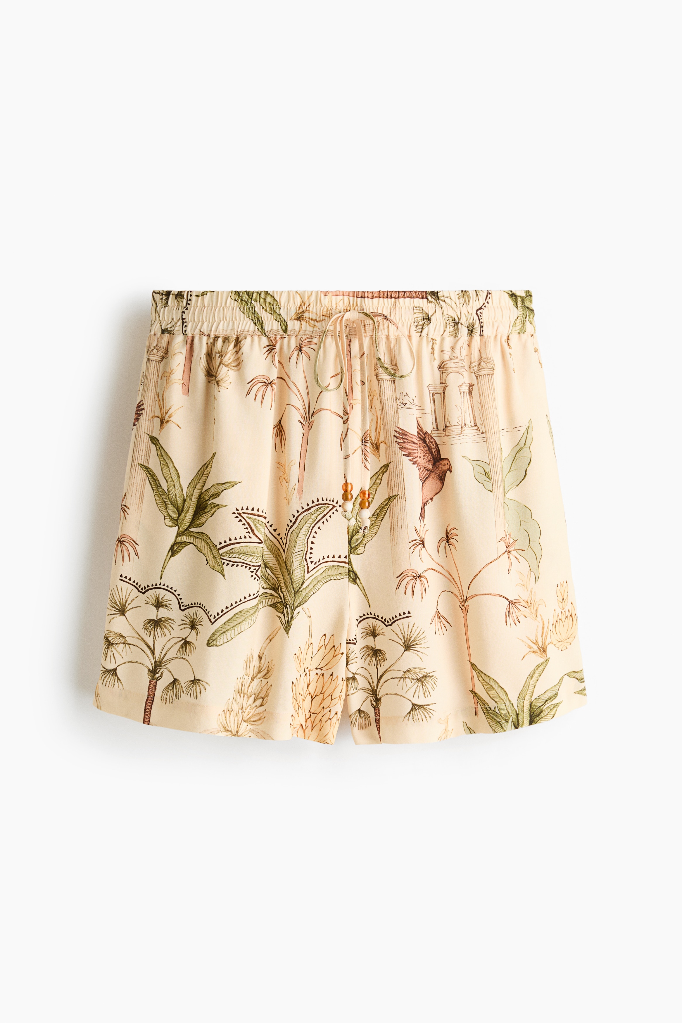 嫘縈抽繩短褲 - 淡黃色/植物/卡其綠