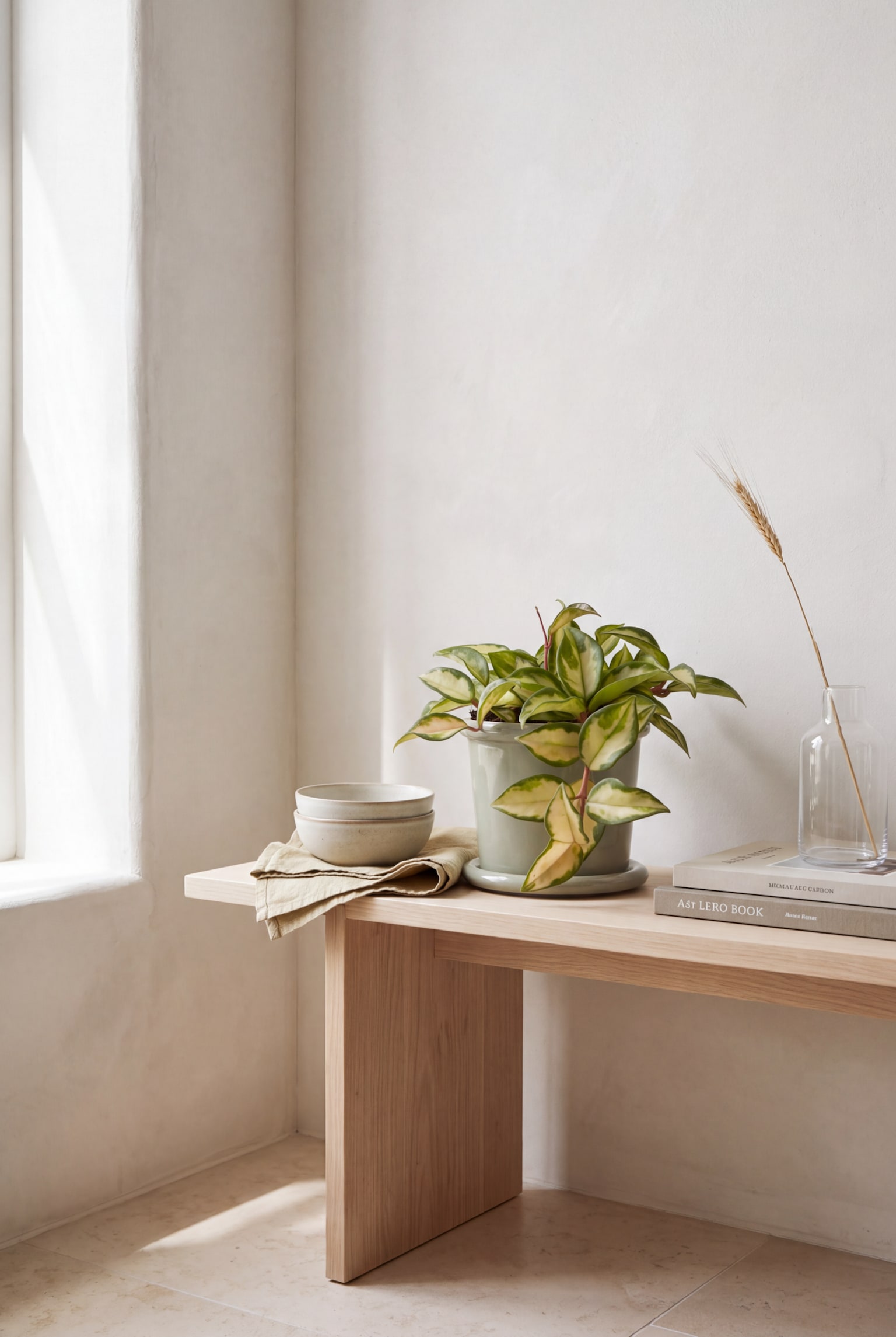 Een licht saliegroen geglazuurde keramische plantenpot met bijpassende onderschotel houdt een bontgroene en crèmekleurige kamerplant vast, rustend op een lichtgekleurde houten bank. - 1