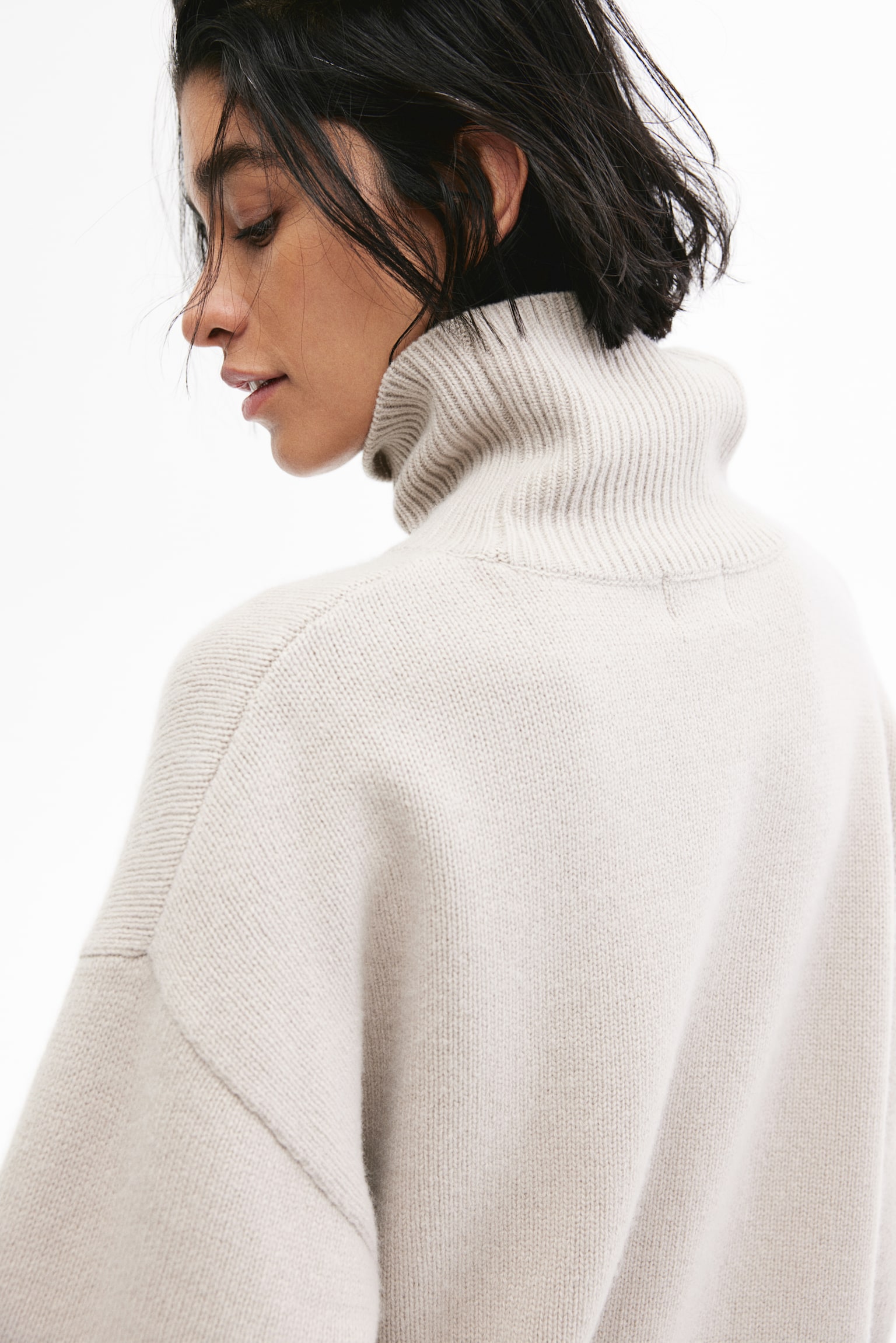 Cashmere-blend polo-neck jumper - Light greige/Dark grey marl/Natural white/Dark brown - 3