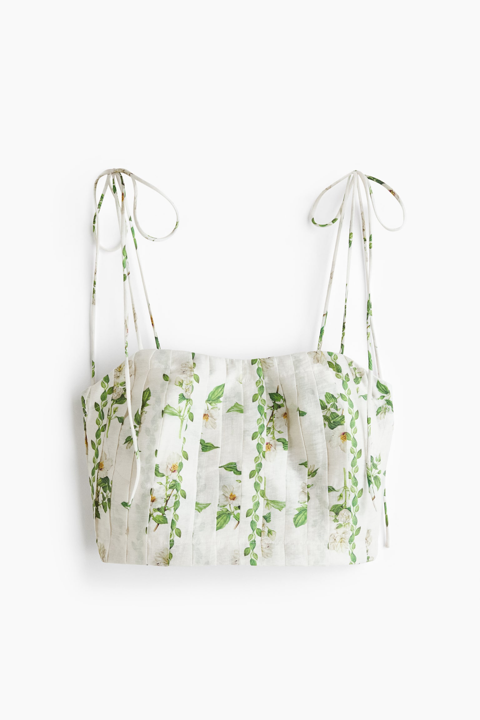 Pleated linen-blend crop top - Ivory/Floral - 2