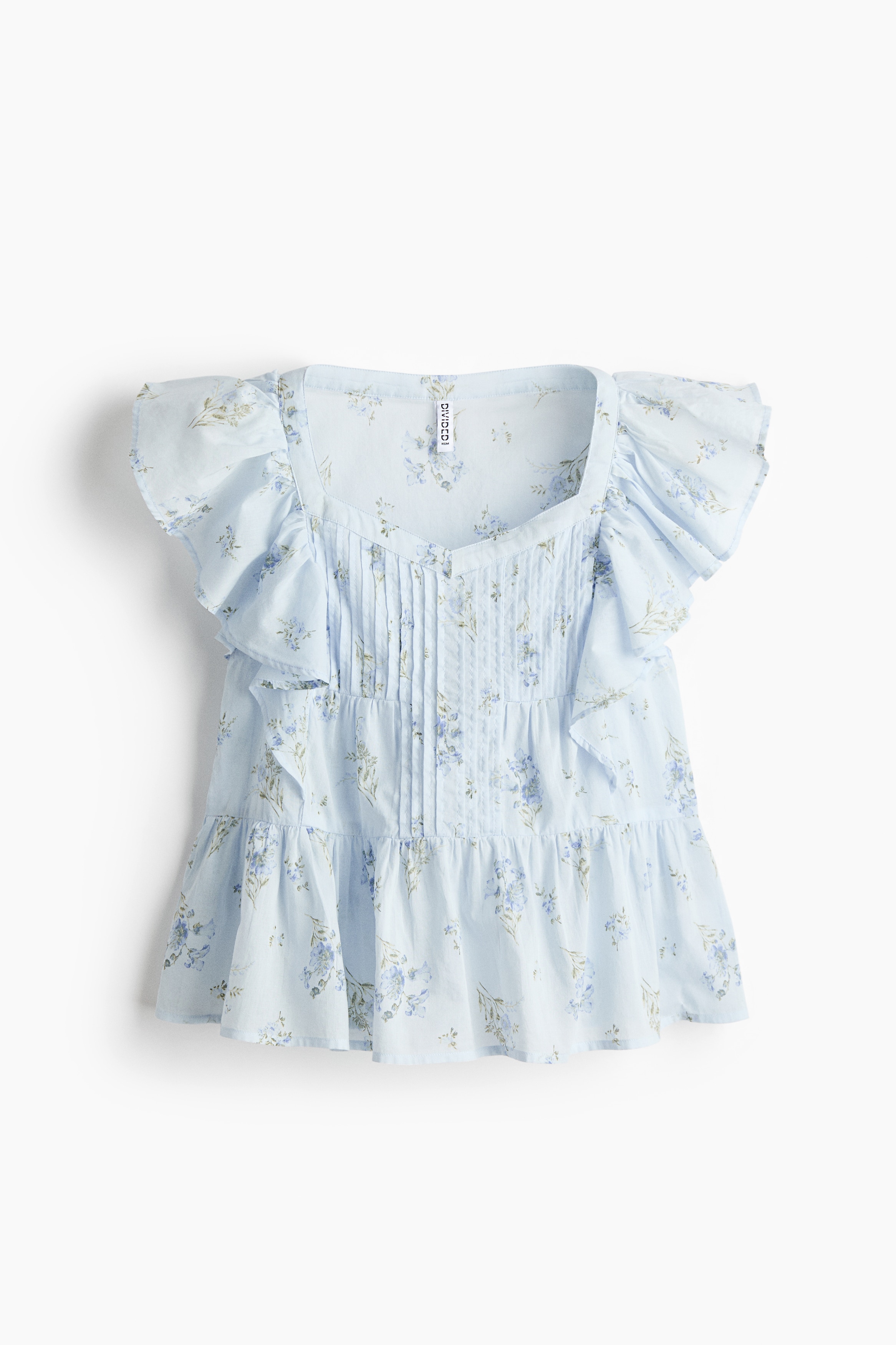 Frill-trimmed cotton top - Light blue/Floral/Yellow/Floral/White