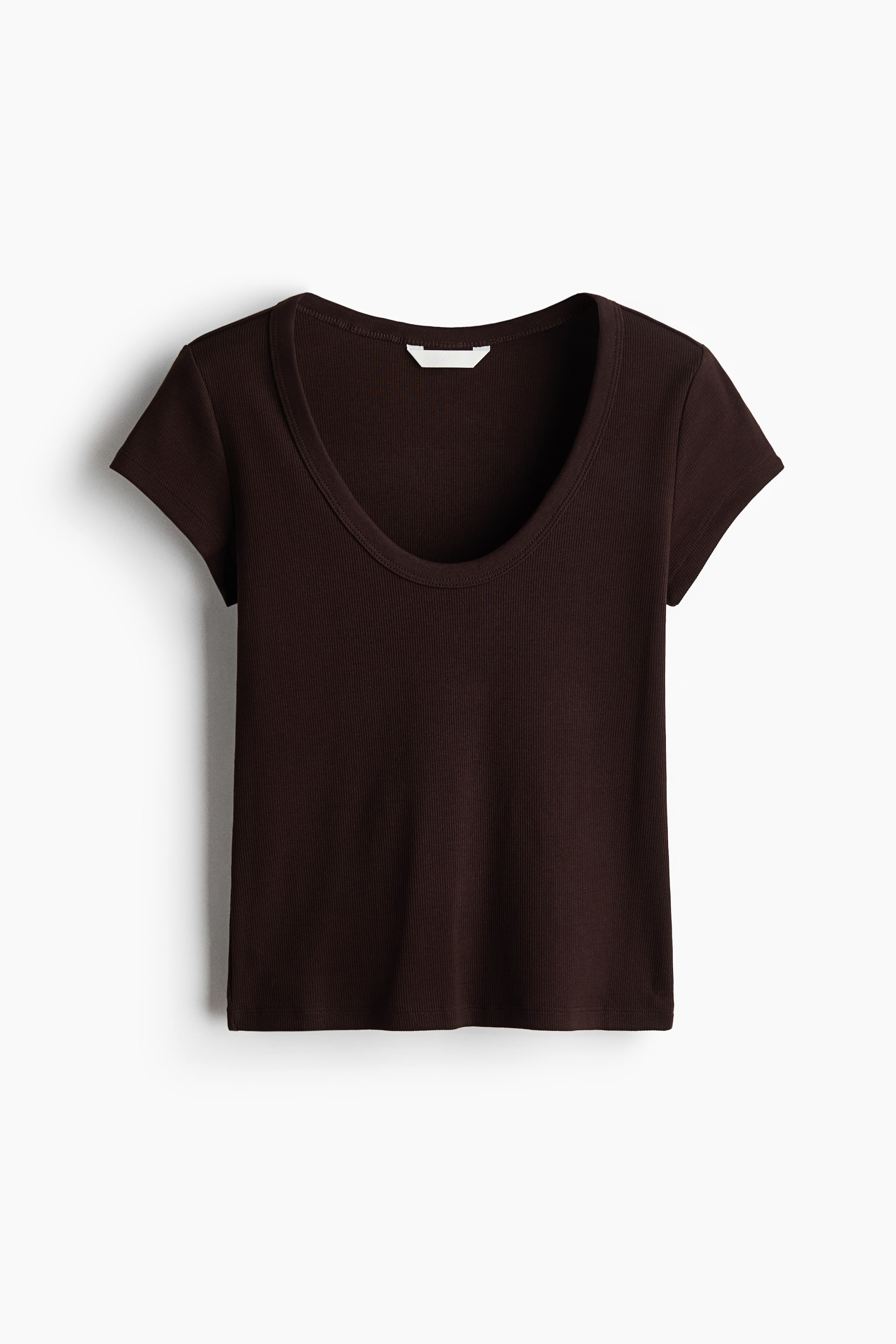 View larger image: A dark brown ribbed t-shirt is showcased from the front, featuring a U-neckline and short sleeves, with a small white tag visible at the back of the neck.