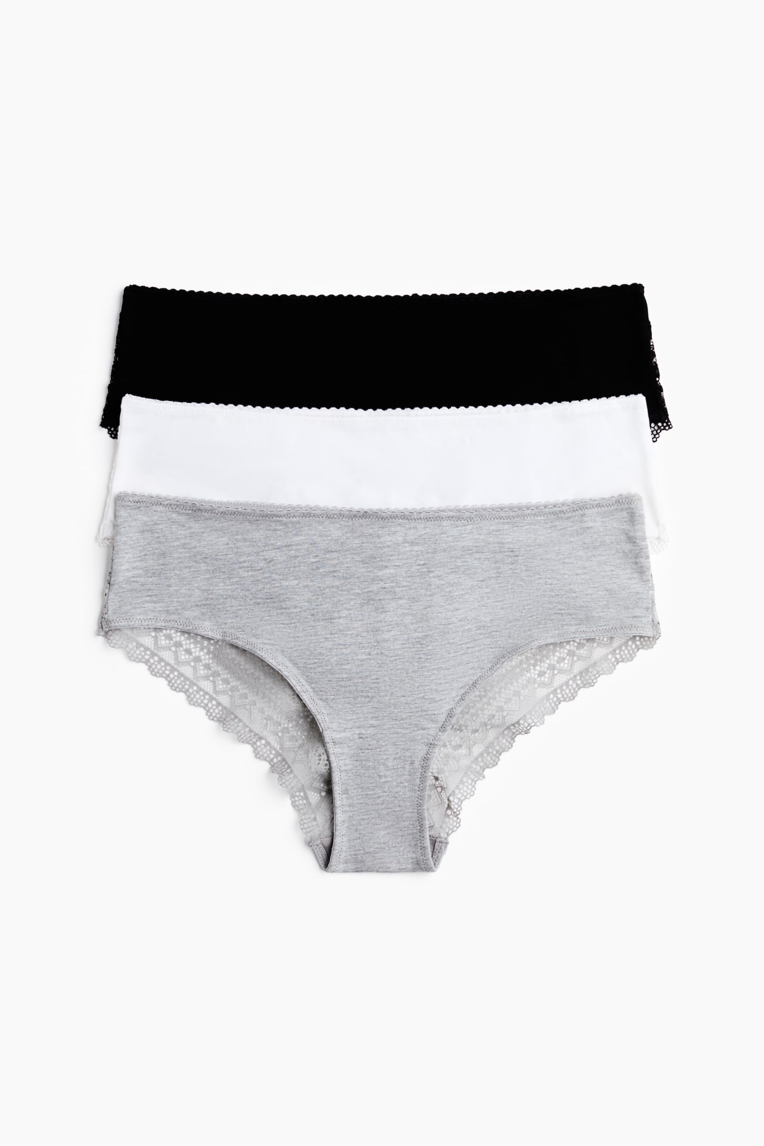 3-pack cotton and lace hipster briefs - Light grey marl/Black/White/Black
