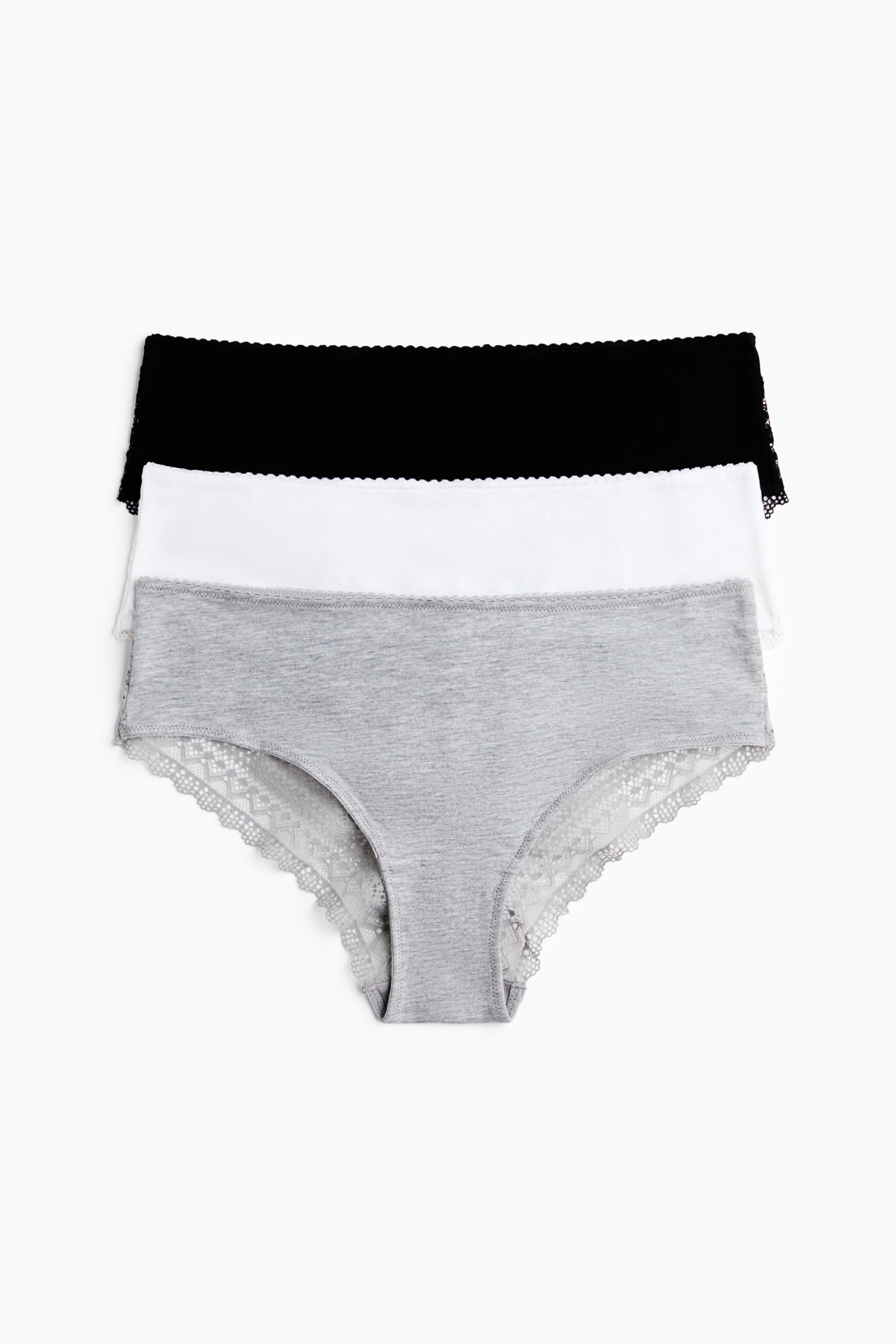 View larger image: 3-pack cotton and lace hipster briefs - Light grey marl/Black/White - Ladies | H&M IN 1