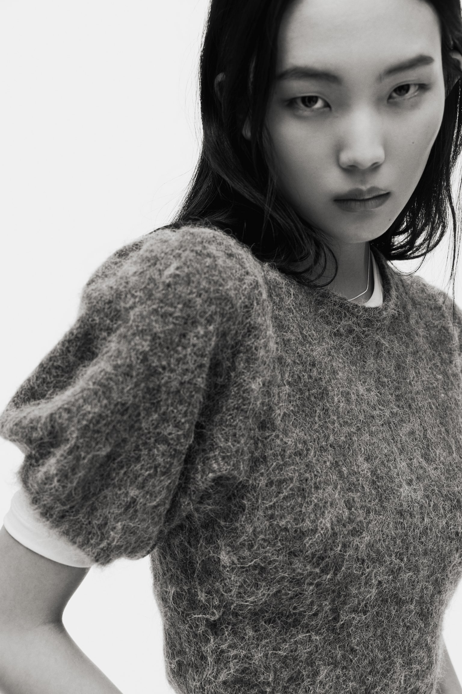 Knitted puff-sleeved top - Grey marl - 2