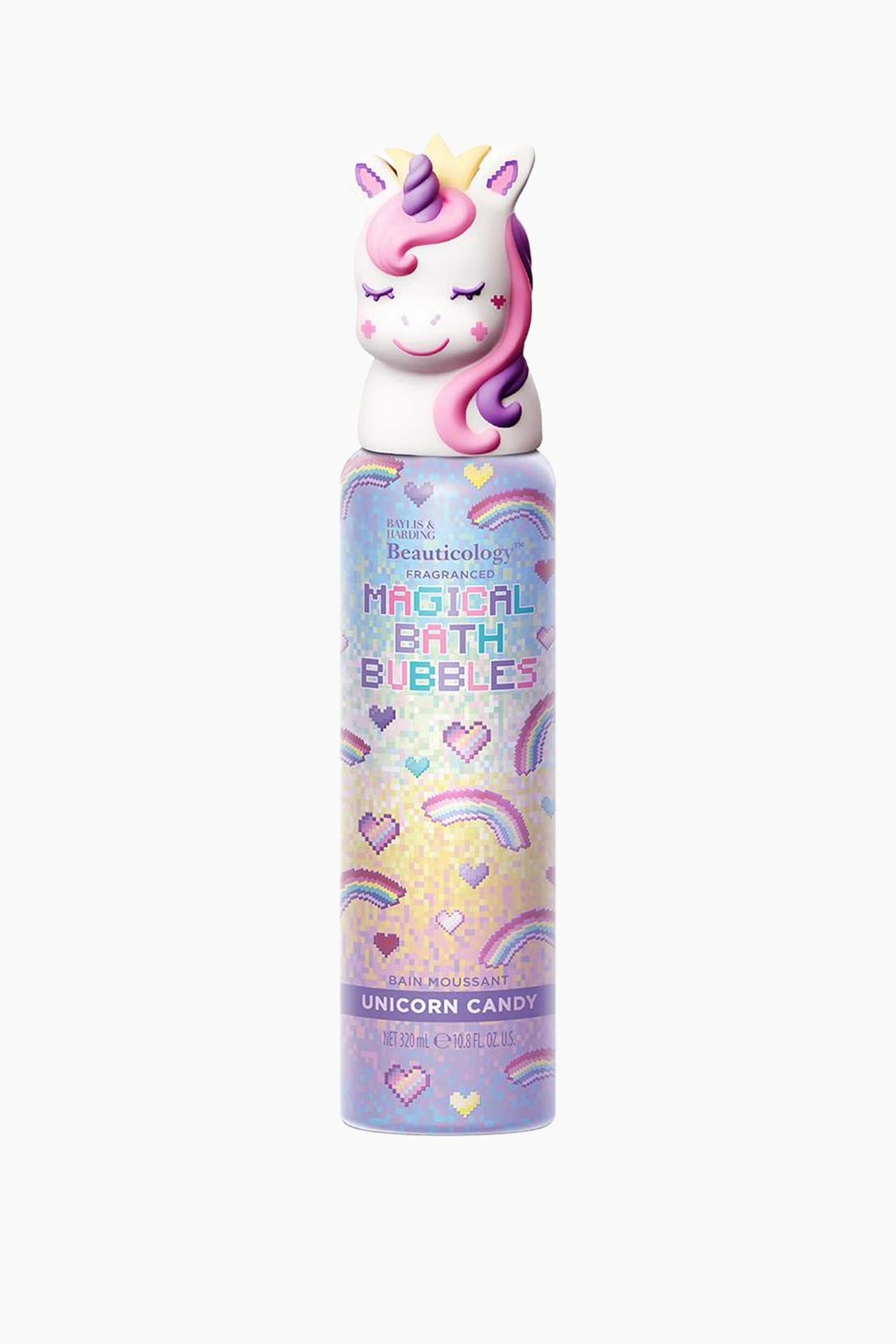 Visa större bild: Denna framåtvända, upprättstående flaska med Unicorn Candy Bath Bubbles har en formgjuten, tredimensionell kork formad som ett enhörningshuvud med en pastellrosa och lila man, ett lila horn och en gul krona. Den höga cylindriska flaskan visar en färgstark pixelerad design med regnbågar, hjärtan och stjärnor i pastellfärger, med produktens varumärke tryckt på framsidan.
