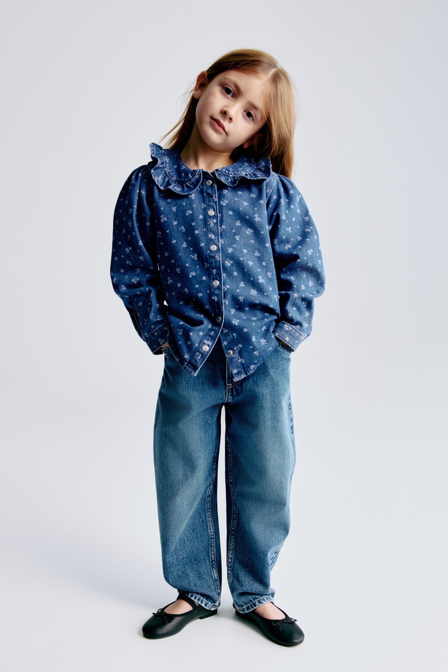 Frill-collar denim blouse - Denim blue/Floral - 5