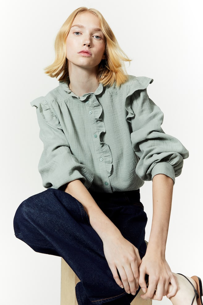 Frill-trimmed muslin blouse - Sage green/White - 1