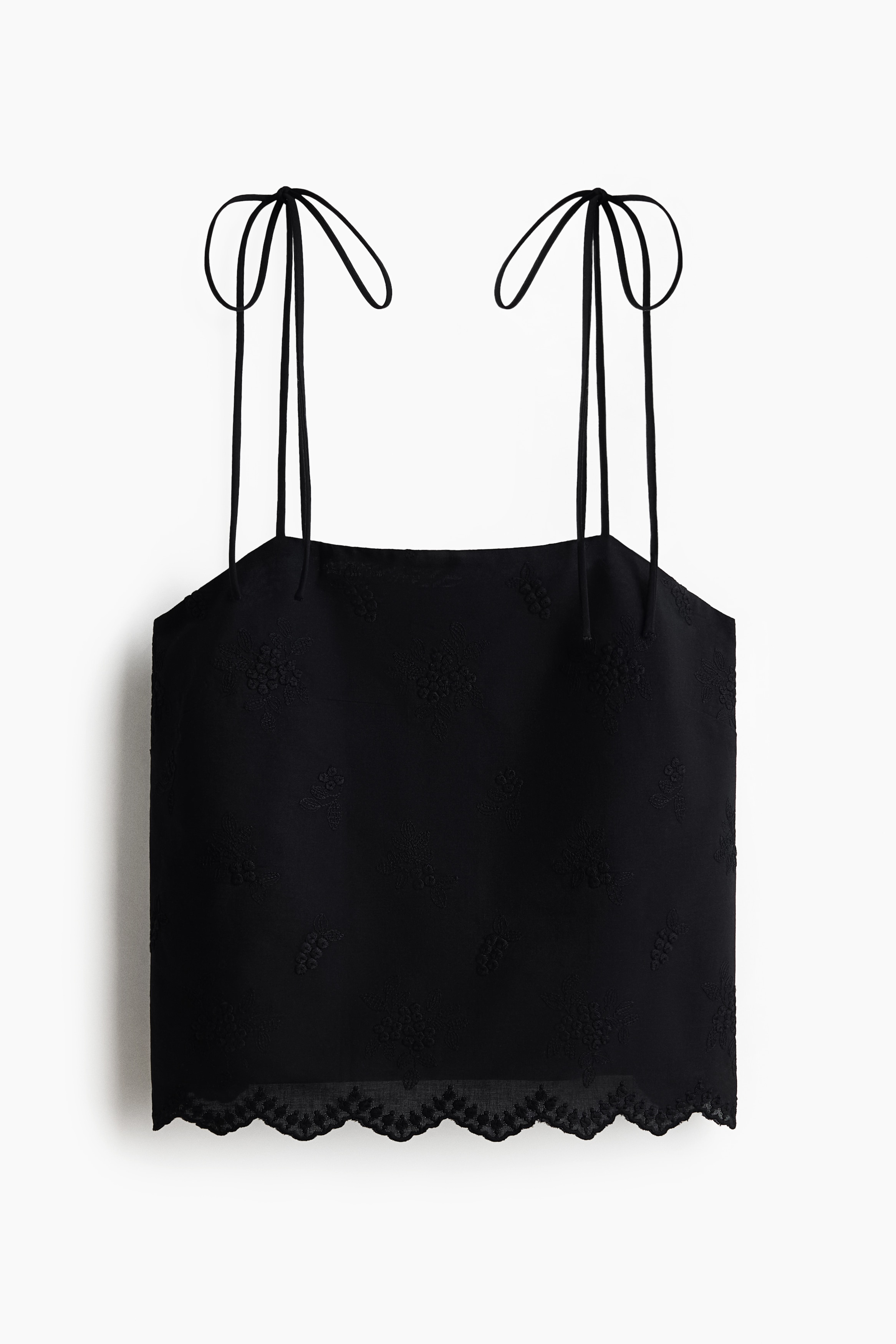 Embroidered Tie Strap Top - Black/Ivory