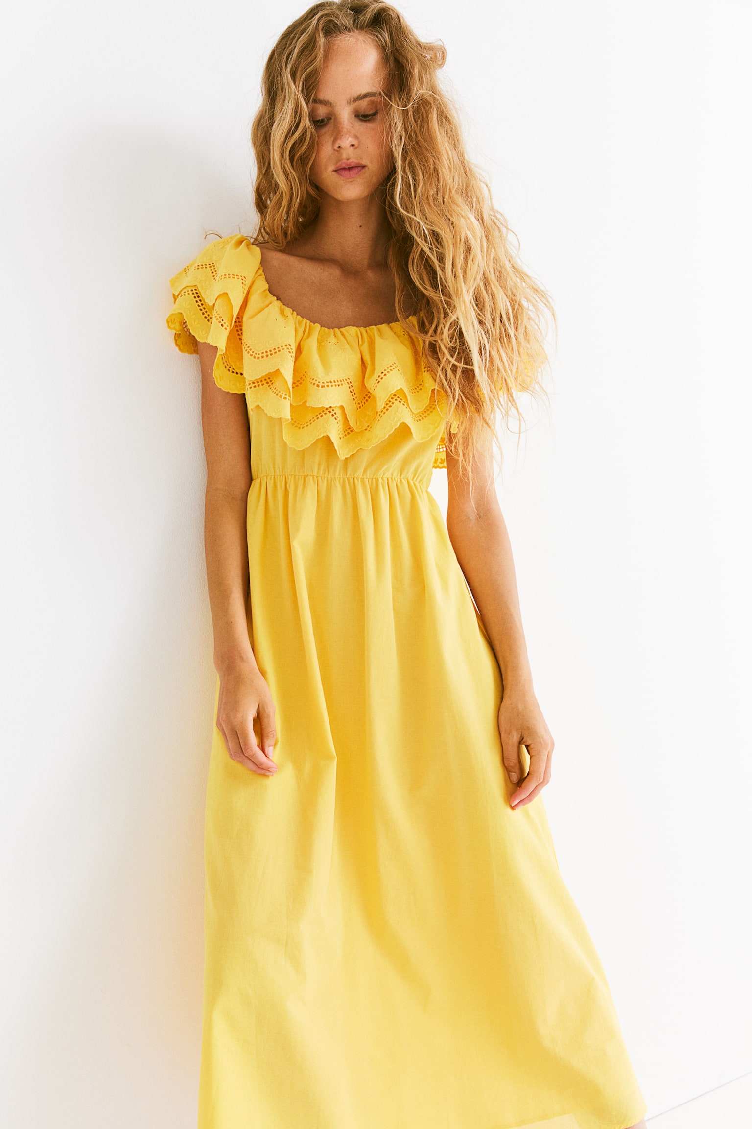 Off The Shoulder Cotton Dress - Yellow/White - 1