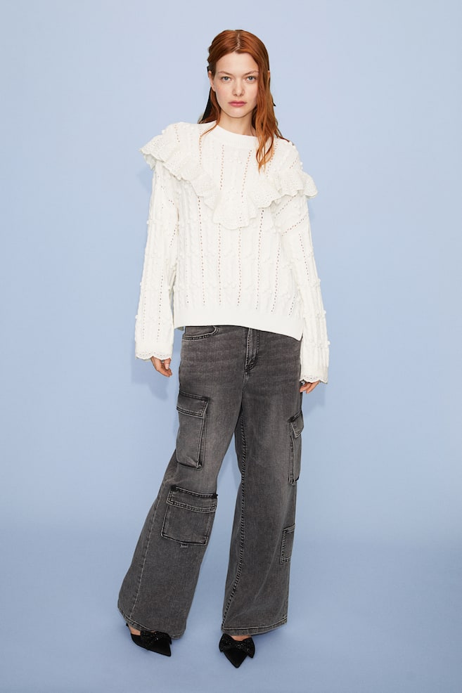 Frill-trimmed textured-knit jumper - White - 1