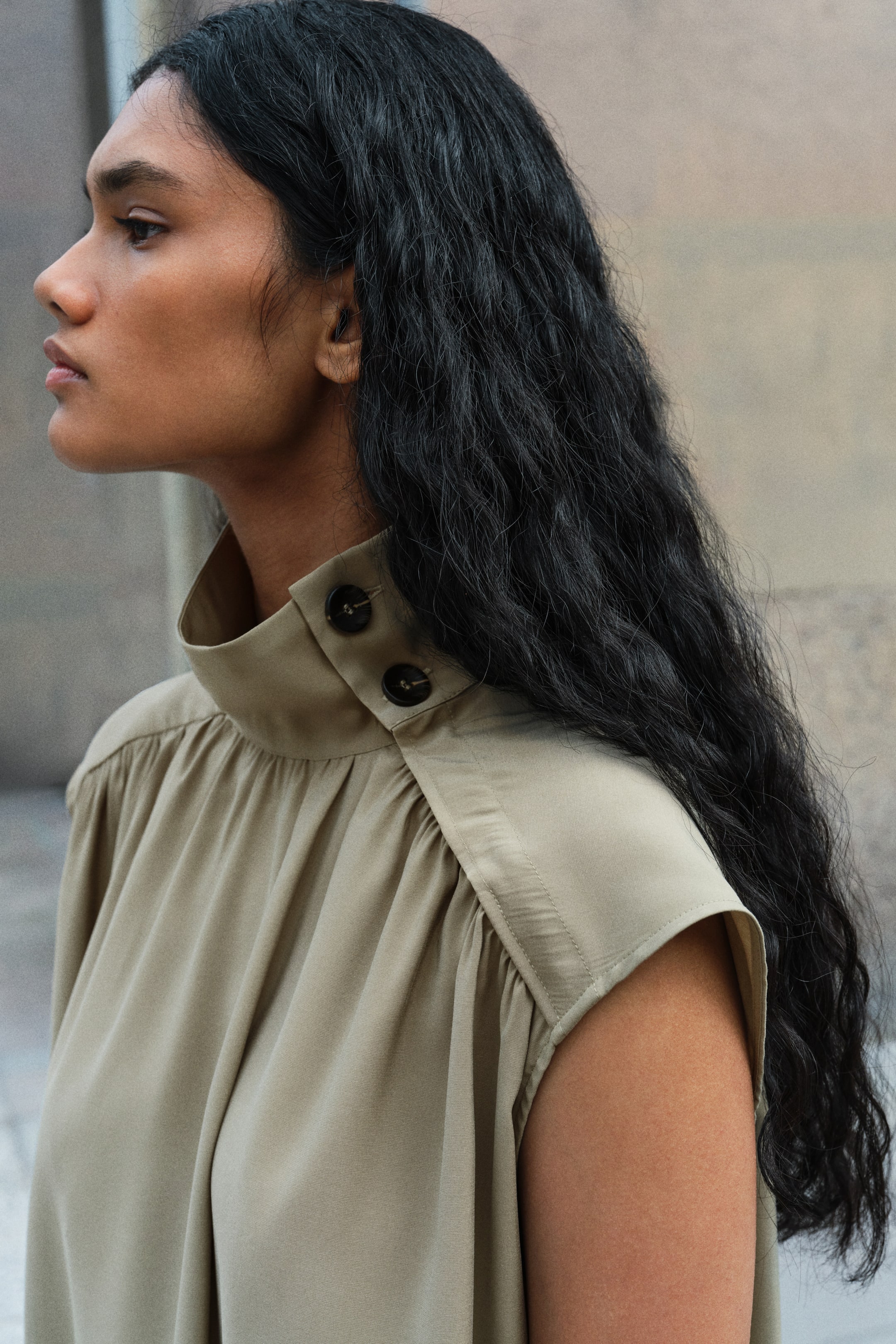 Button-Detail Dress with Flared Skirt
