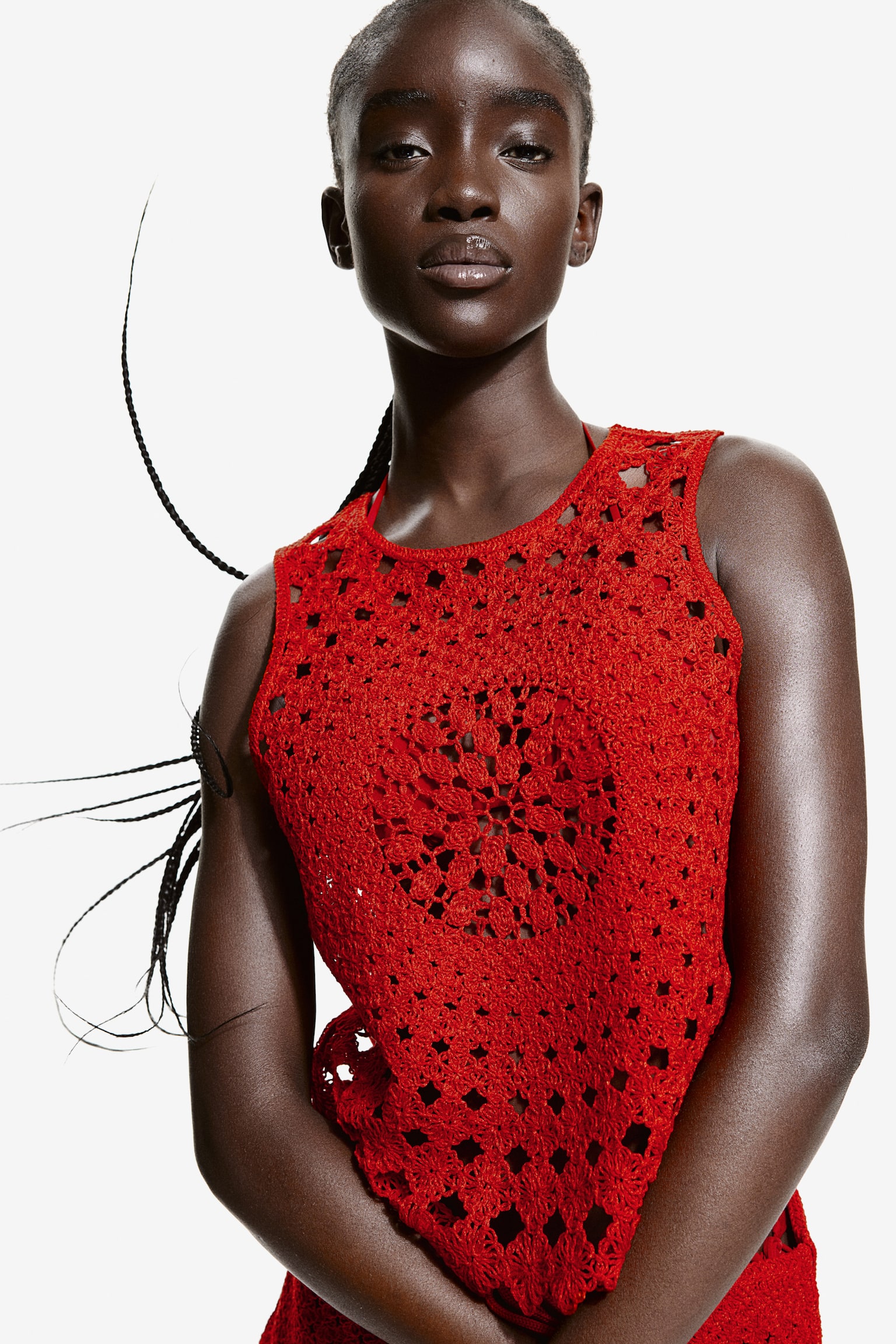 Crochet Look Sleeveless Top - Bright red - 1