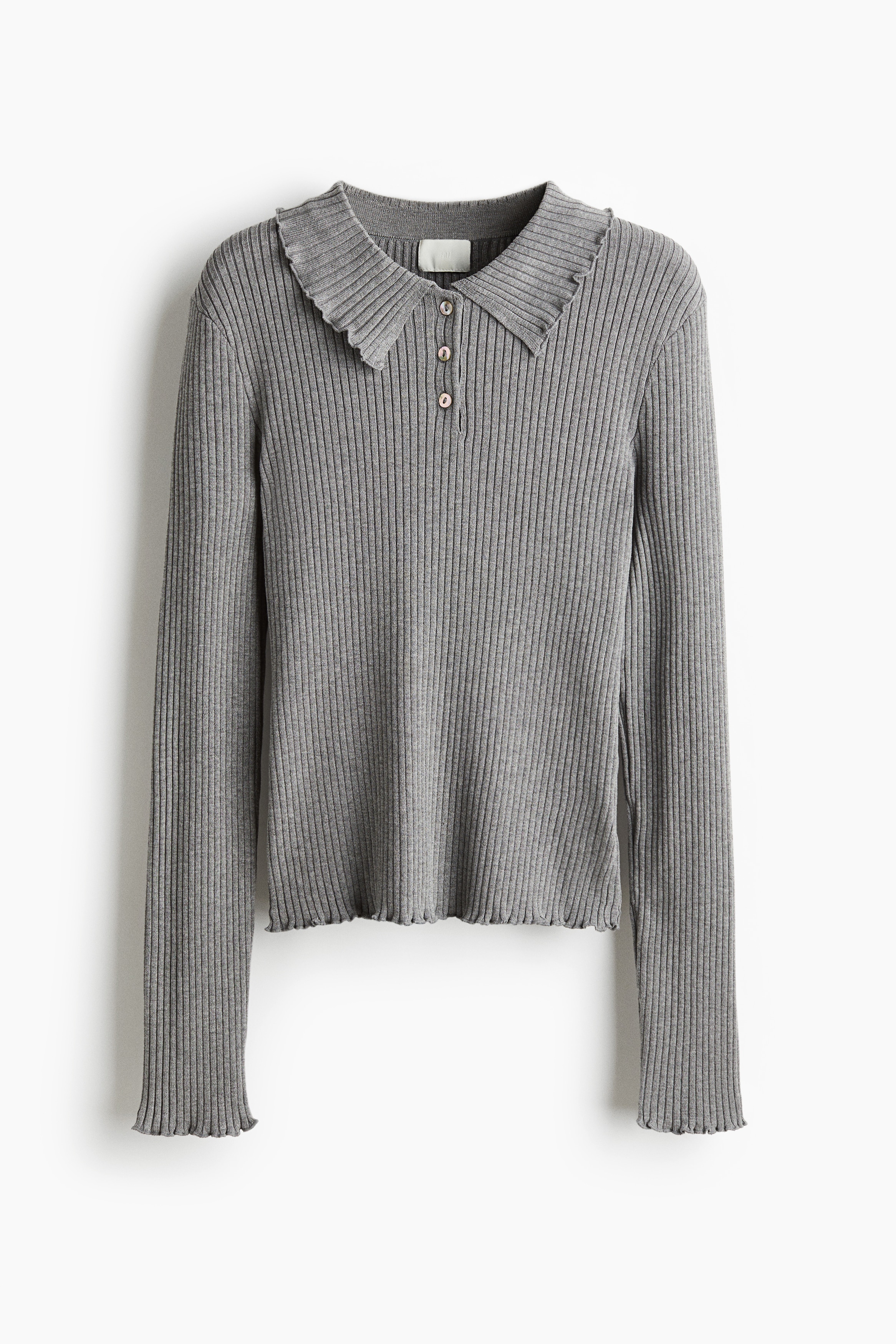 Rib-knit polo jumper - Grey marl/Dusty pink