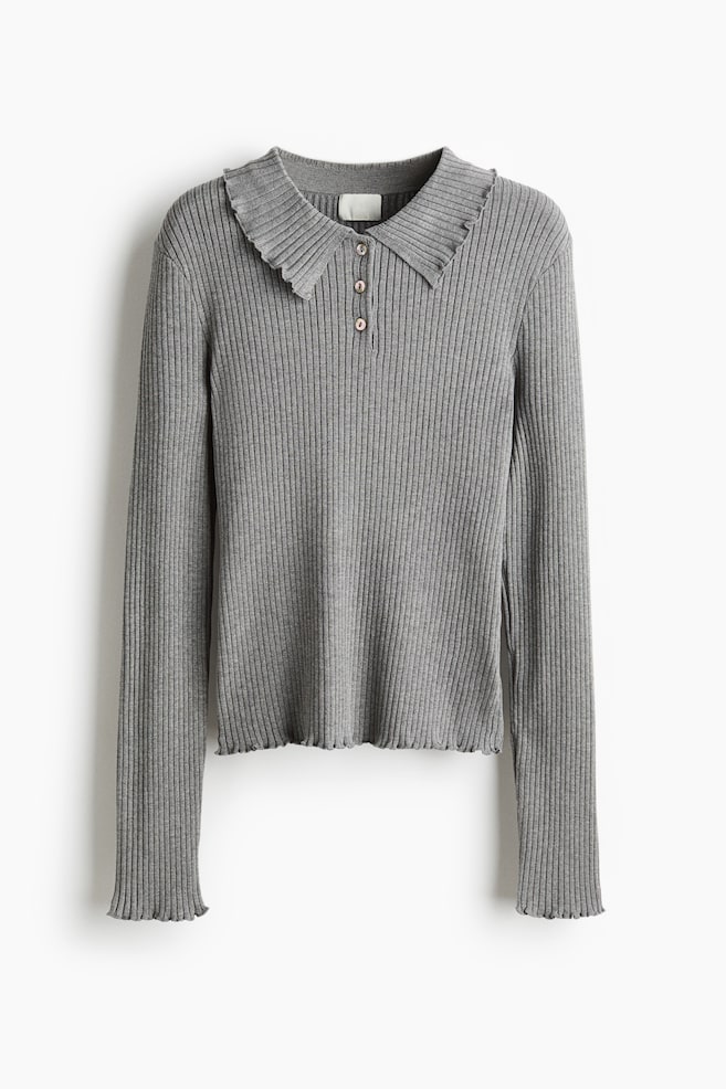 Rib-Knit Polo Sweater - Gray melange/Dusty pink - 1