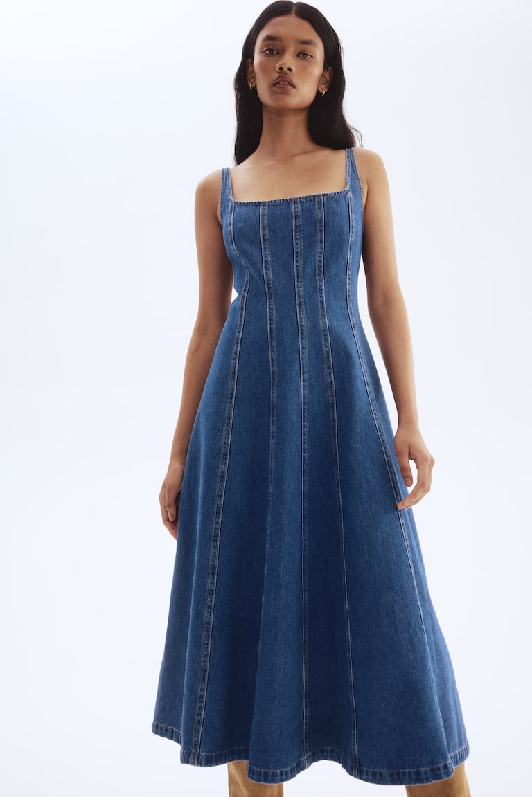 navy blue dress for baby girl Strapped A-line Black Denim Midi Dress – shopaleena main image 0