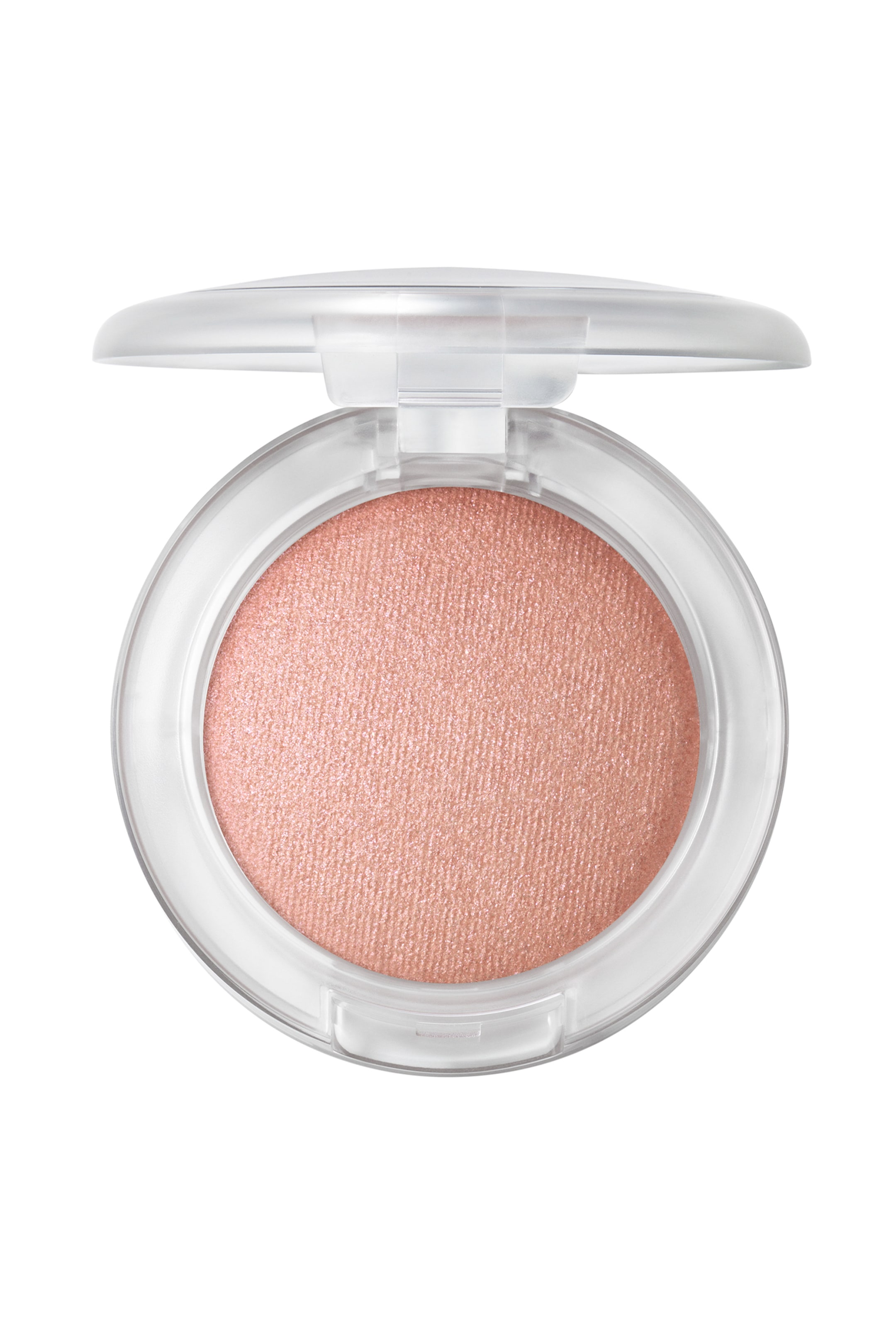 Visa större bild: Glow Play Bouncy Highlighter ligger i ett öppet, genomskinligt runt kompaktet och är riktat rakt framåt. Kompaktet visar en cirkelformad, välvd panna med fint texturerat, skimrande persikorosa puder.