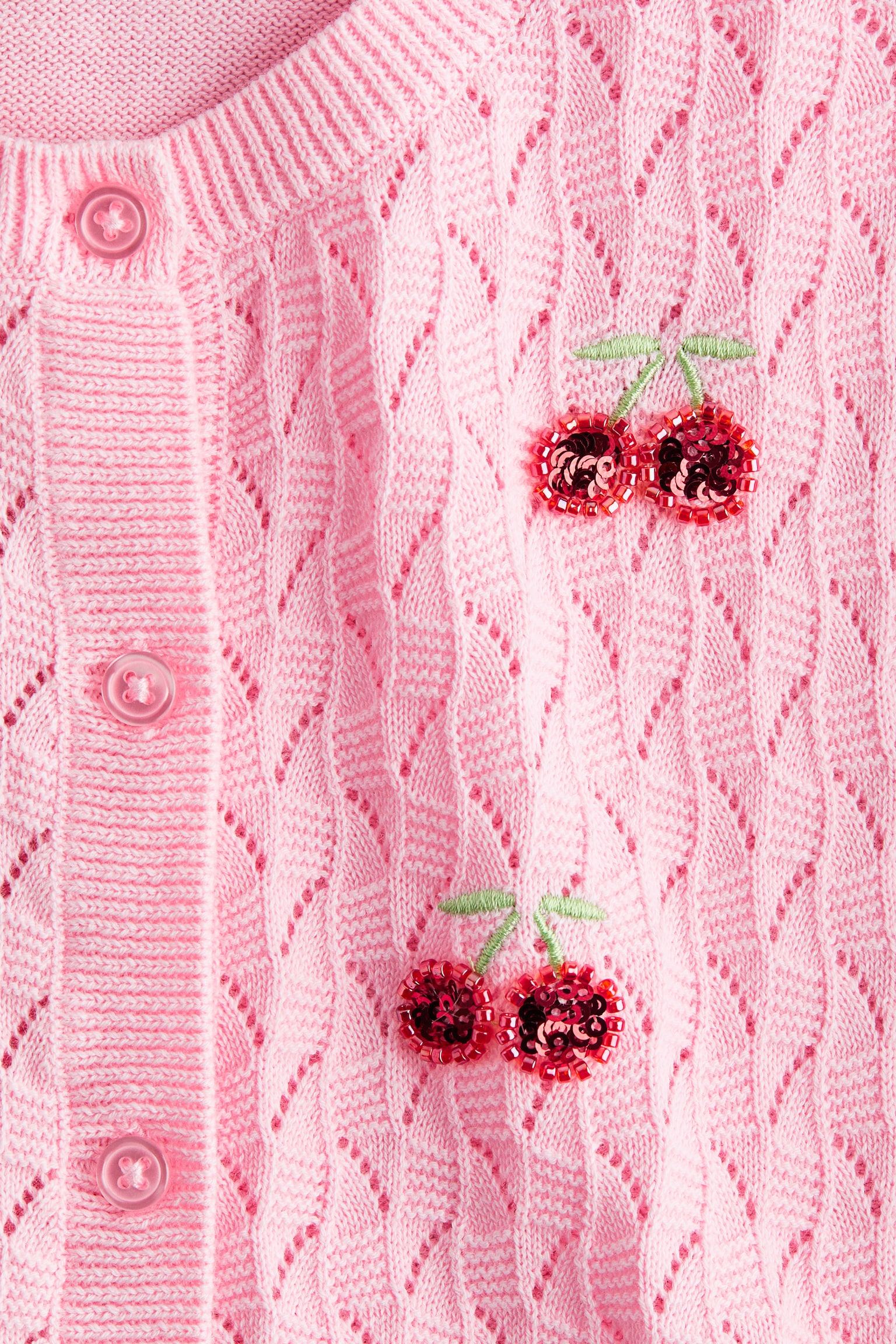 Motif-detail pointelle-knit cardigan - Pink/Cherries - 2