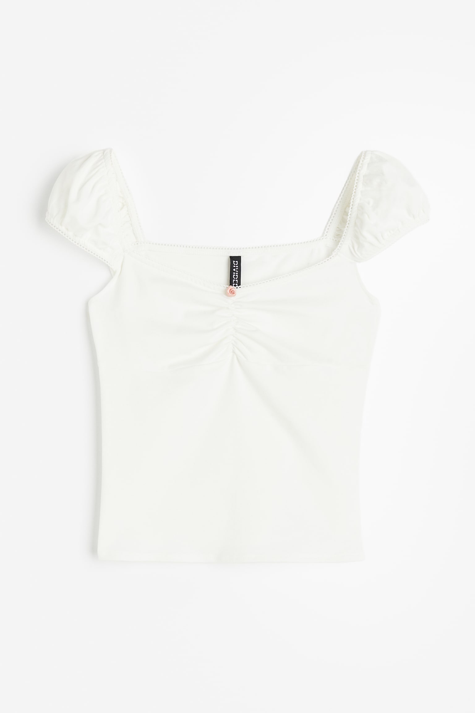 Picot Trim Puff Sleeve Top - White - 2