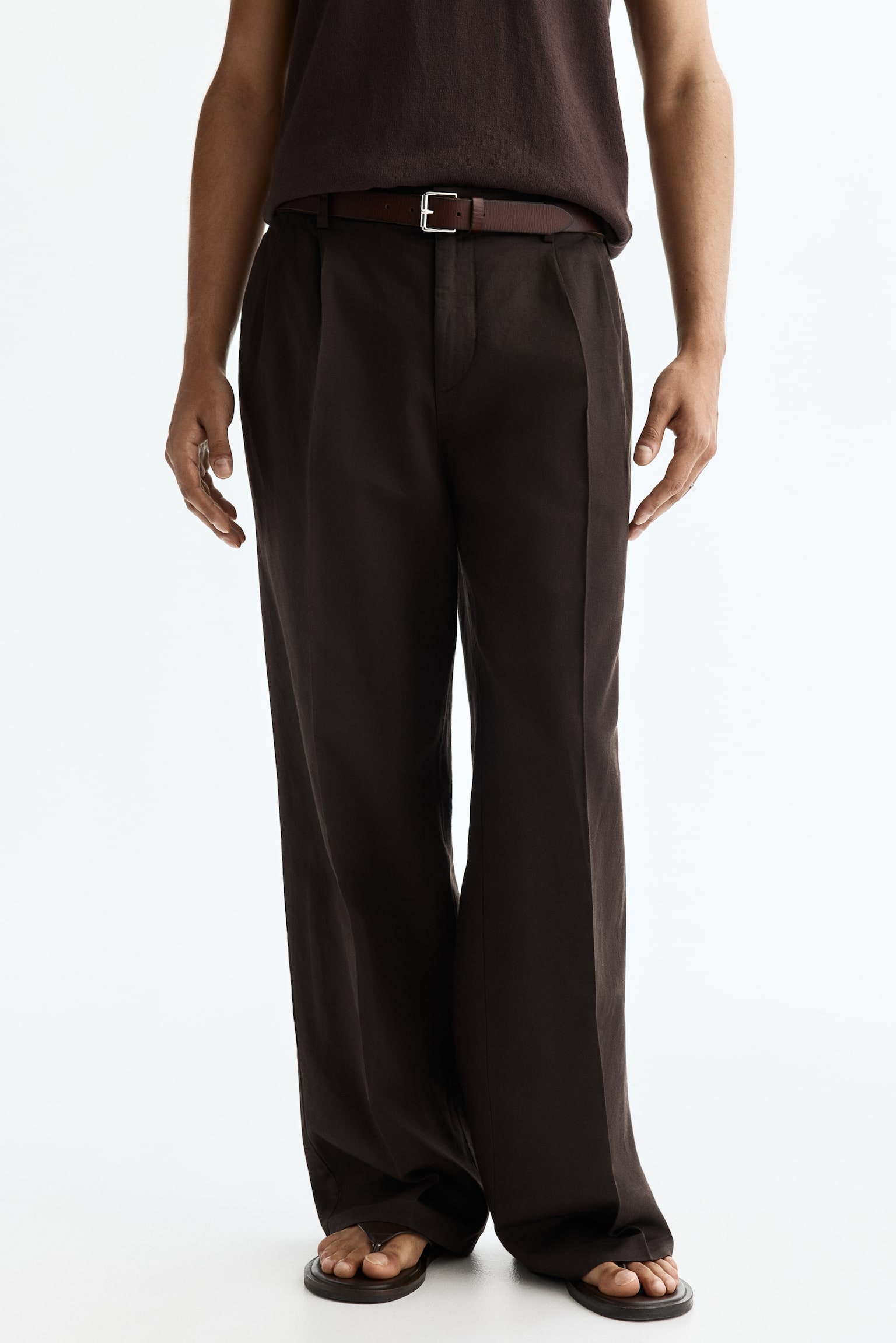 Loose Fit Linen-blend trousers - Dark brown/Black/Cream - 3