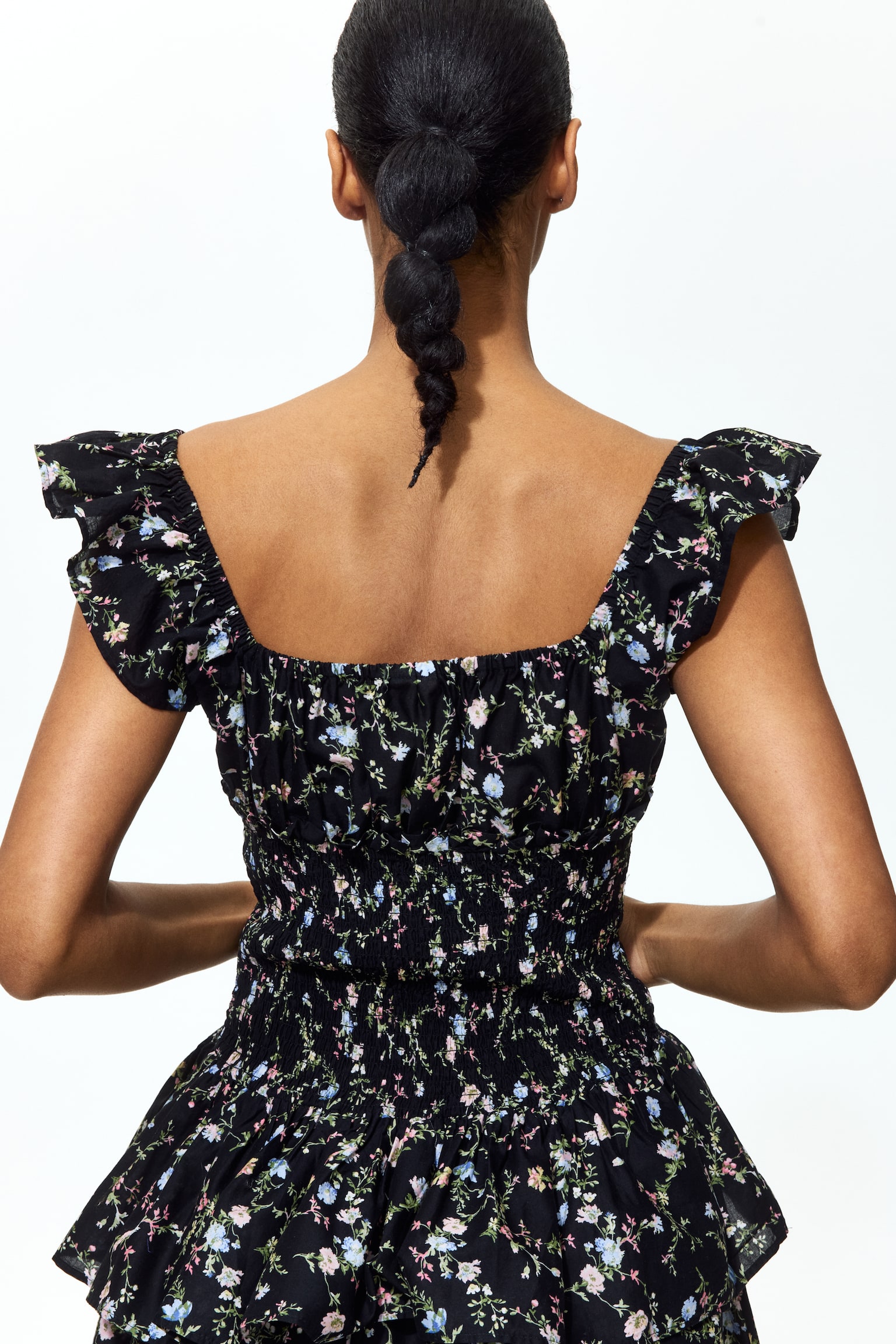 Smocked-waist dress - Black/Floral/White/Blue floral - 5