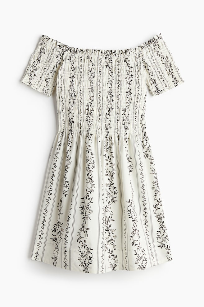 Vestido off-the-shoulder con cuerpo nido de abeja - Crema/Floral negro - 1