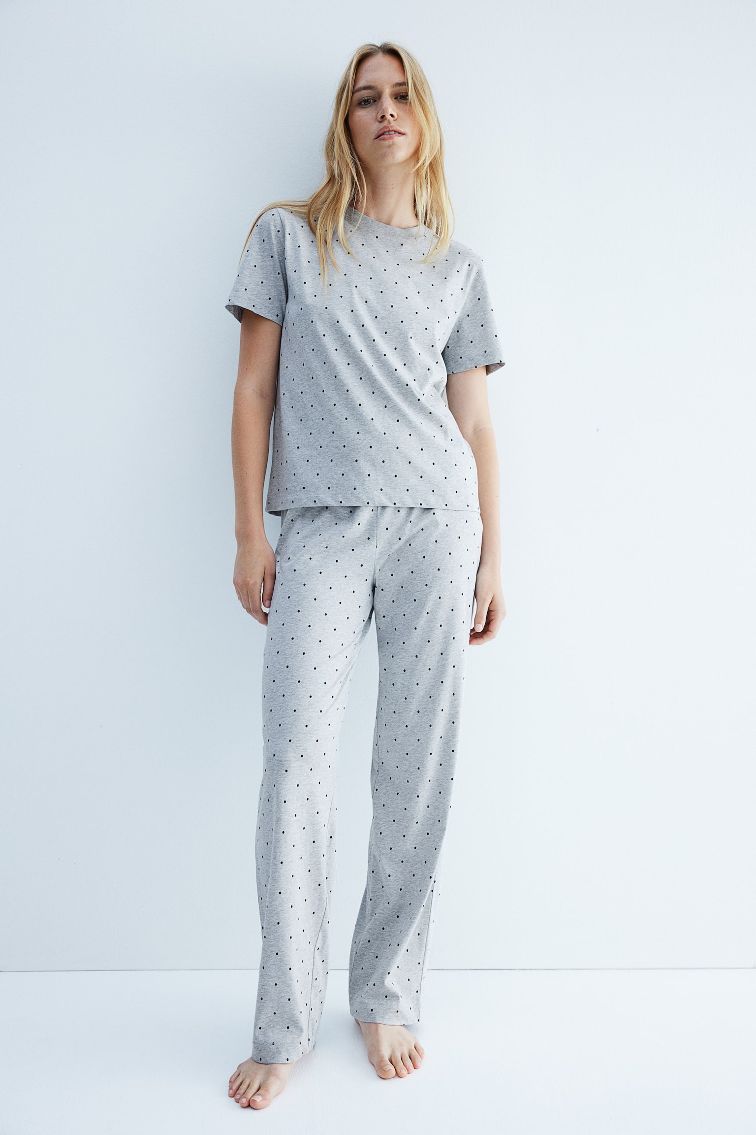 Pyjama top and bottoms - Light grey marl/Spotted/Grey-green/Light greige marl/Patterned - 5