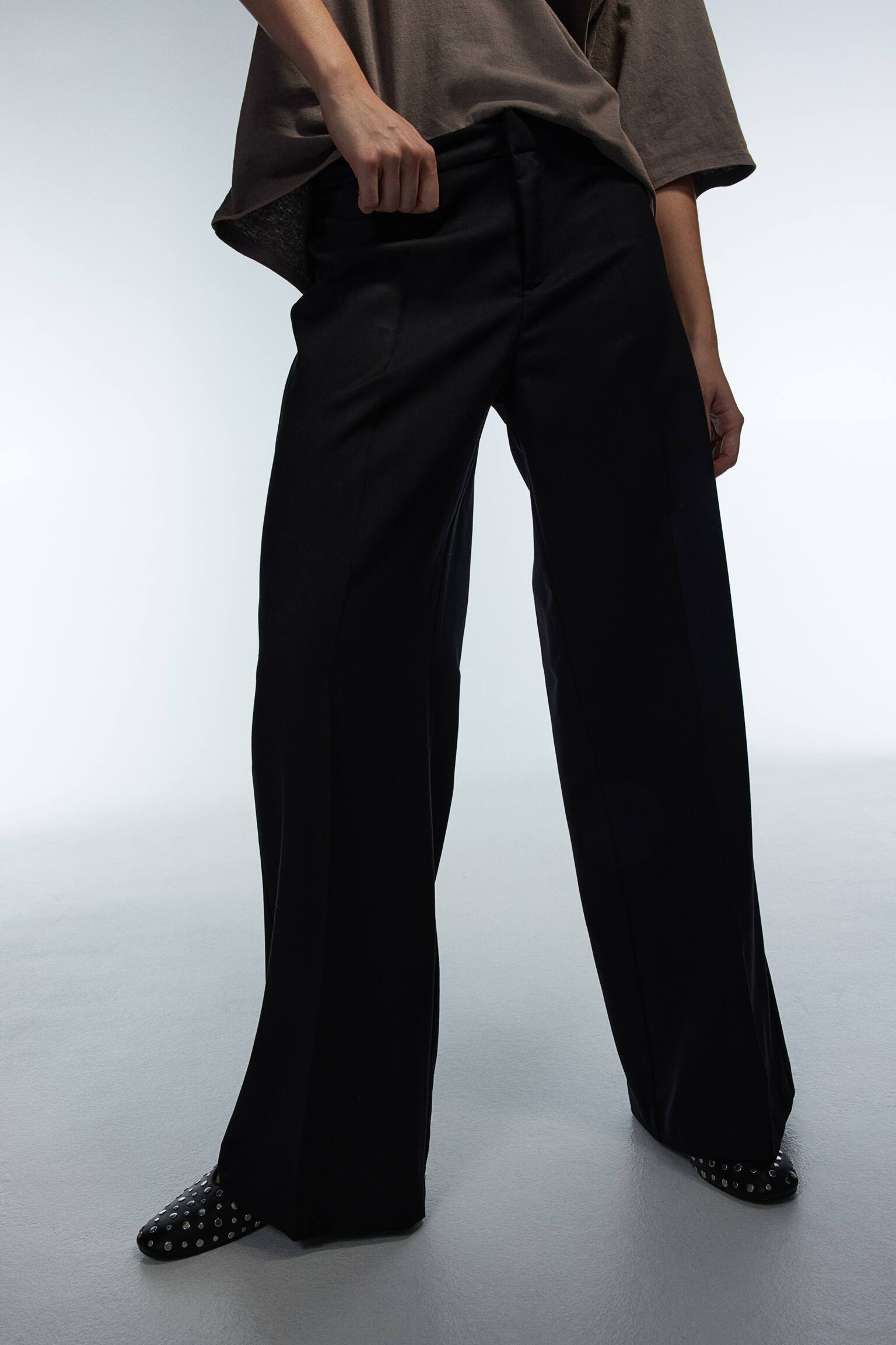 Wide Tailored Pants - Black/Dark brown/Pinstripe/Grey marle - 4