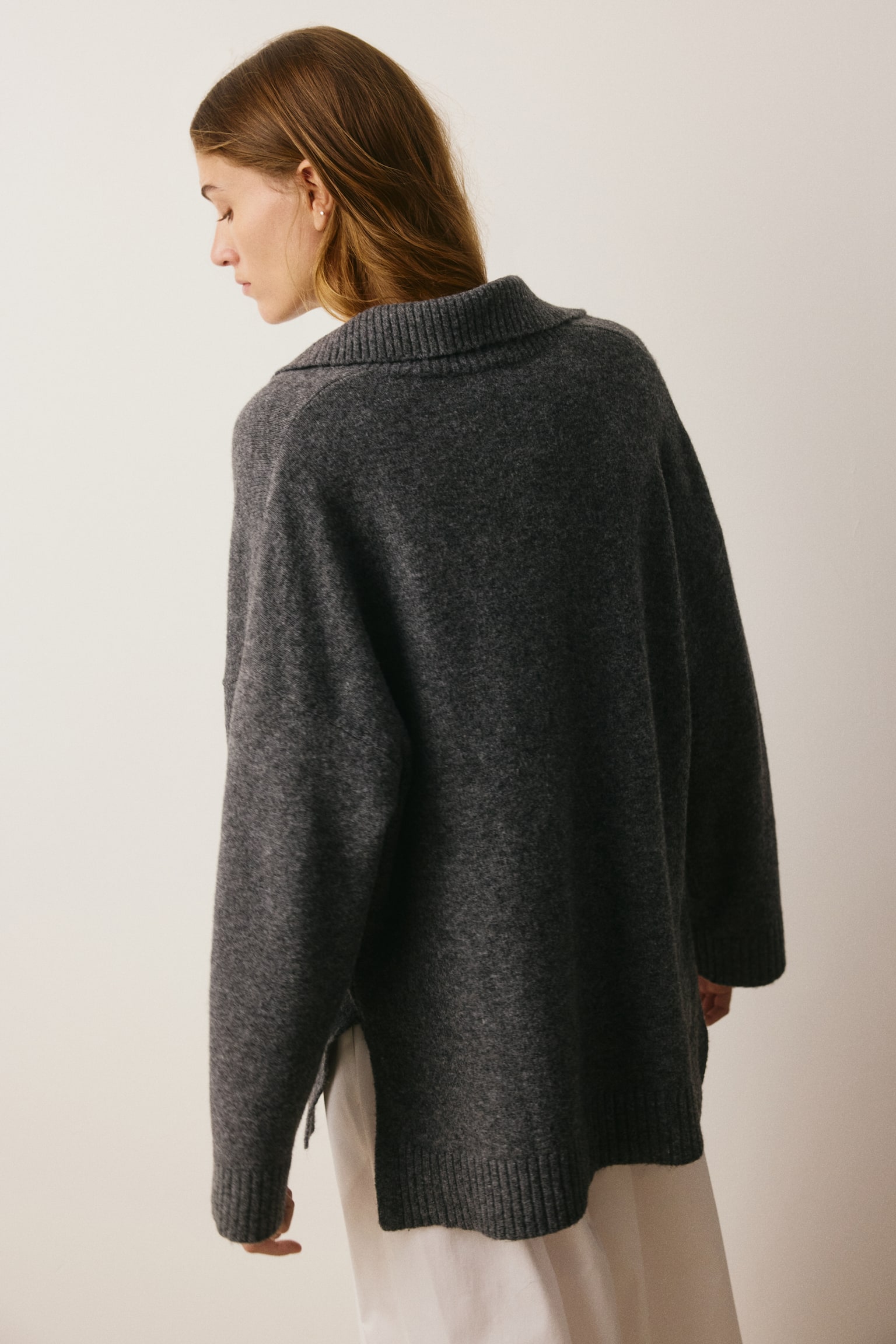 Женский свитер H&M Fine-Knit Sweater with Collar, цвет: Тёмный серый меланжевый — фото 4