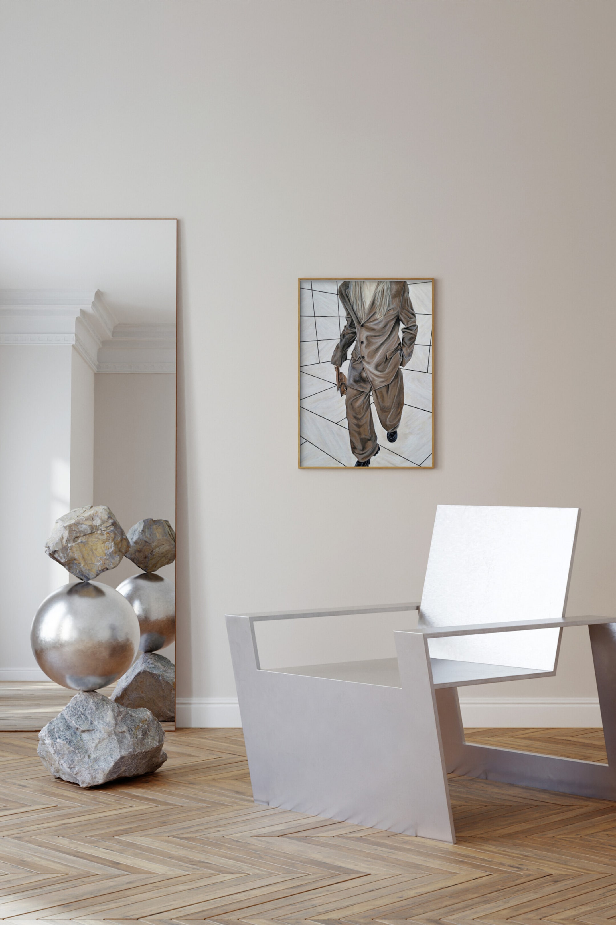 Grotere afbeelding bekijken: Een rechthoekig ingelijst kunstwerk toont een schildering van een persoon die loopt in een oversized, gedrapeerd bruin pak op een betegelde vloer. Het kunstwerk heeft een slanke, licht goudkleurige lijst die de verticale compositie omlijst.