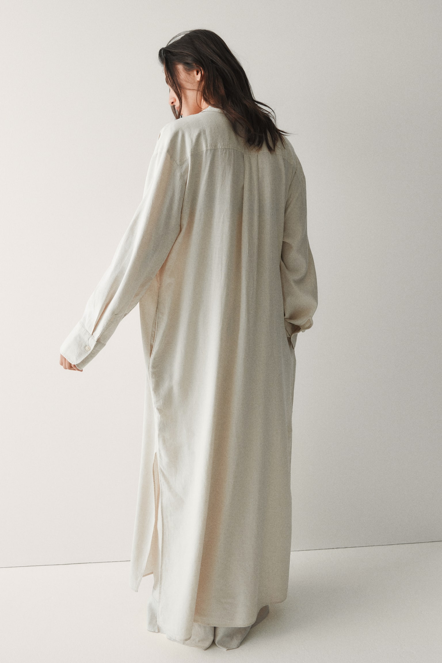 Linen-blend shirt dress - Light beige/Dark brown - 3