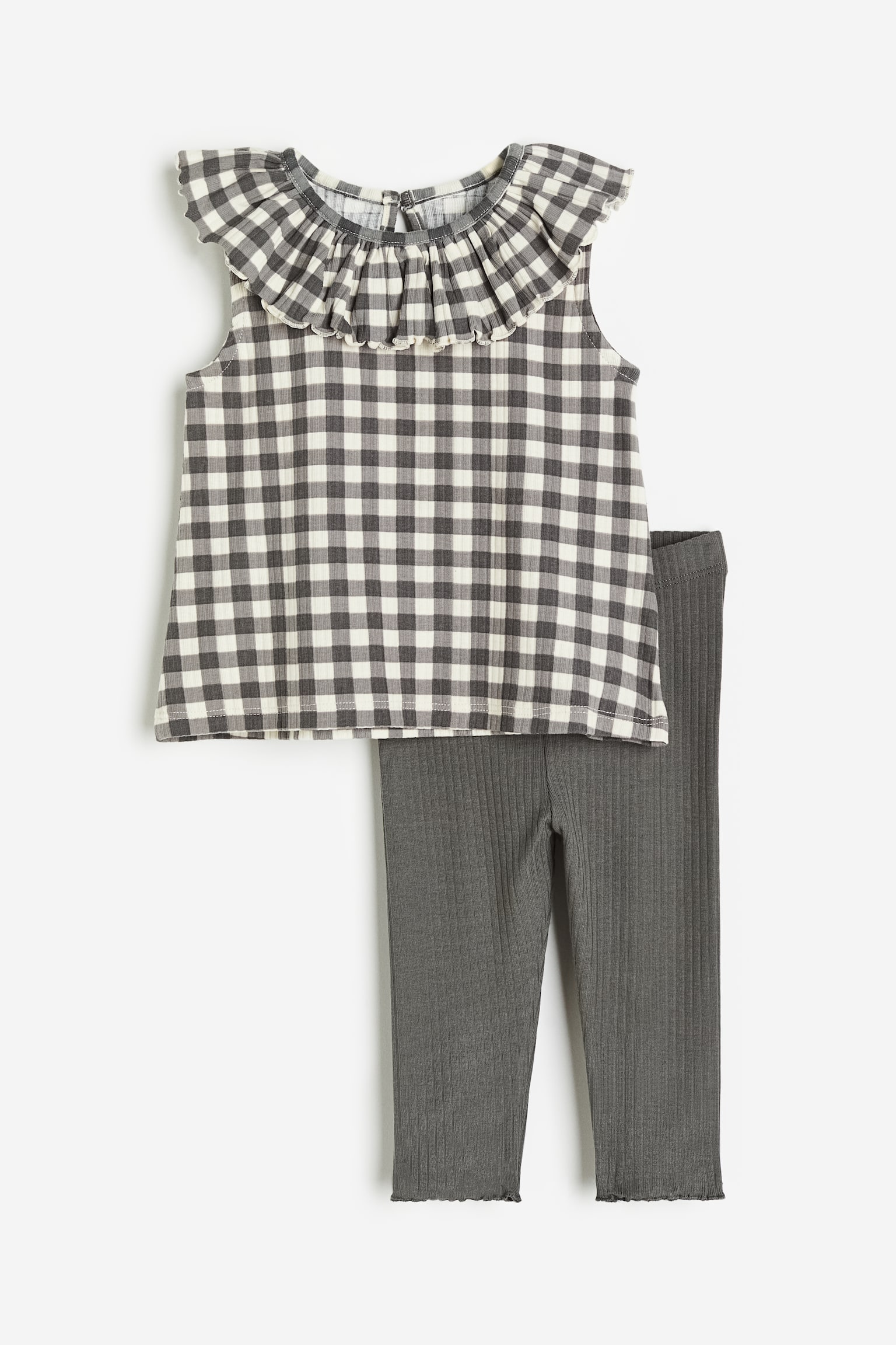 2-piece Cotton Set - Dark grey/Check/White/Floral - 1