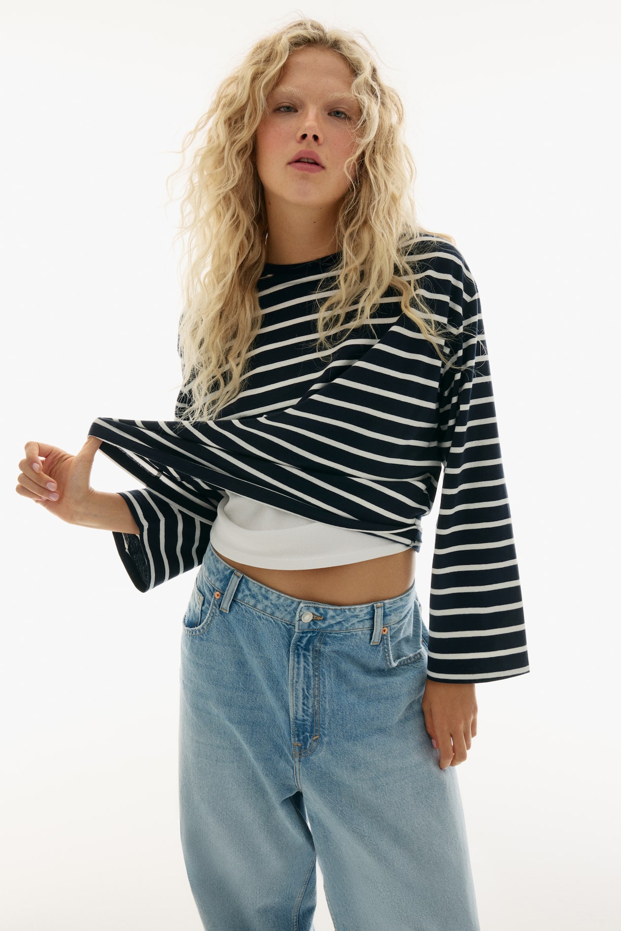 Long-sleeved cotton top - Navy blue/Striped - Ladies | H&M GB