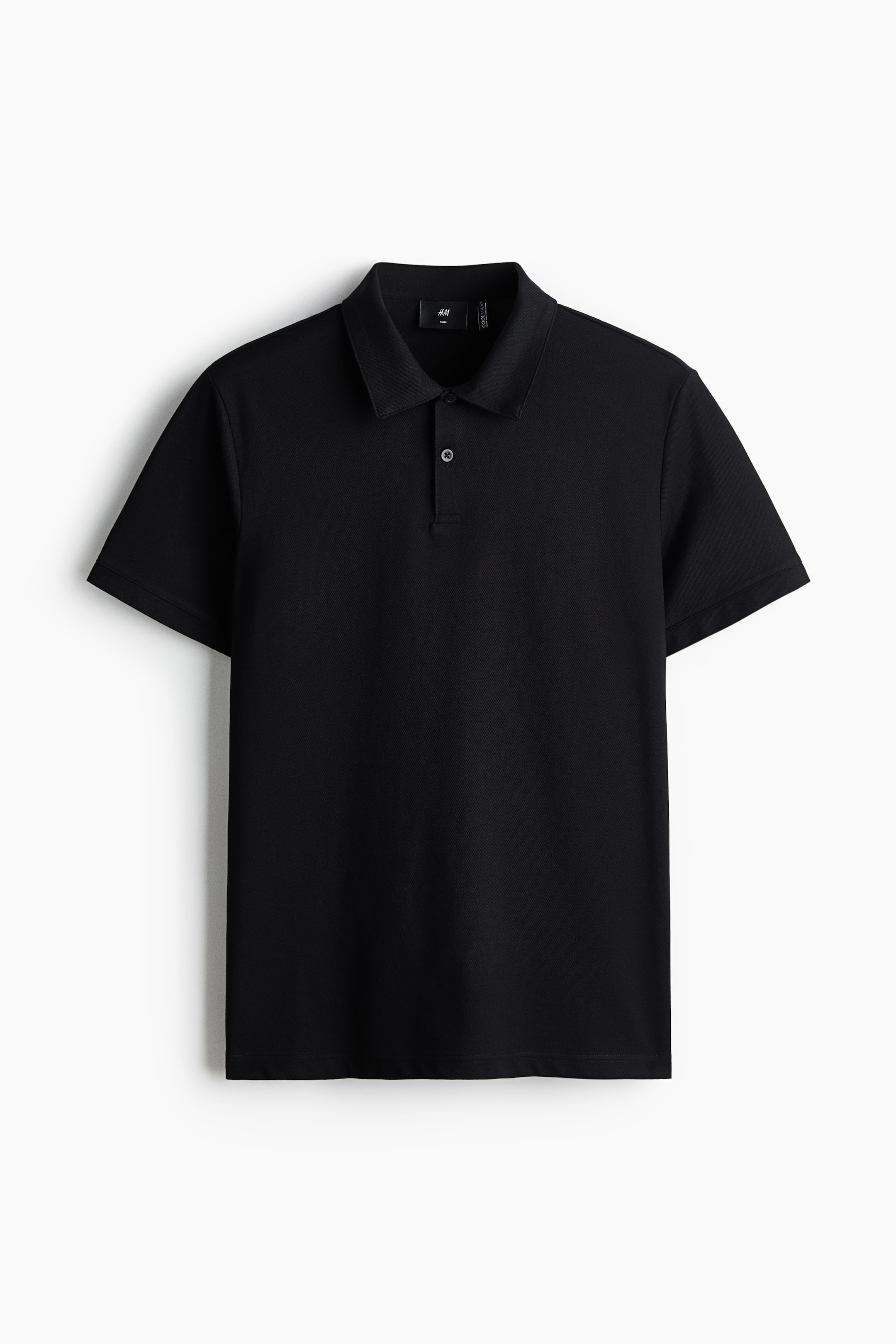 View larger image: A black polo shirt shown from the front, featuring a pointed collar and a two-button placket with dark-coloured buttons, designed with short sleeves and a textured knit fabric.