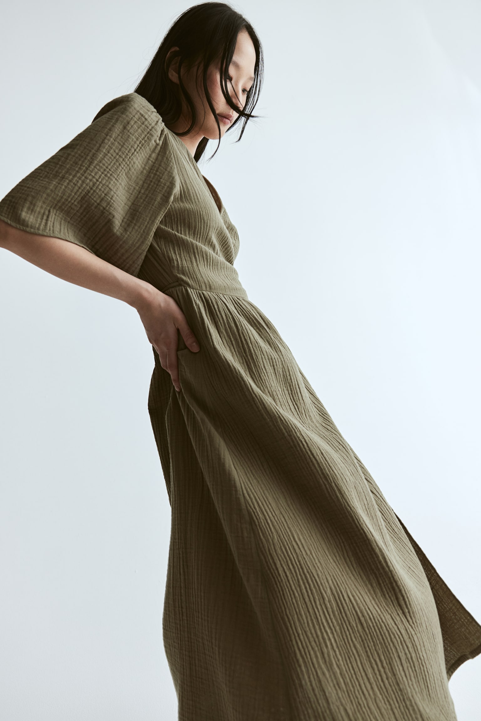 Muslin wrap dress - Khaki green/Light beige - 1