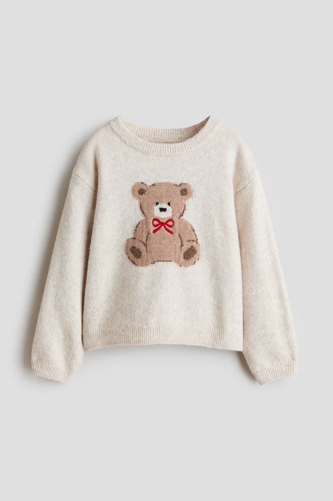 Pullover mit Motiv - Hellbeige/Teddybär/Puderrosa/Kirschen/Elfenbein/Schleife - 1