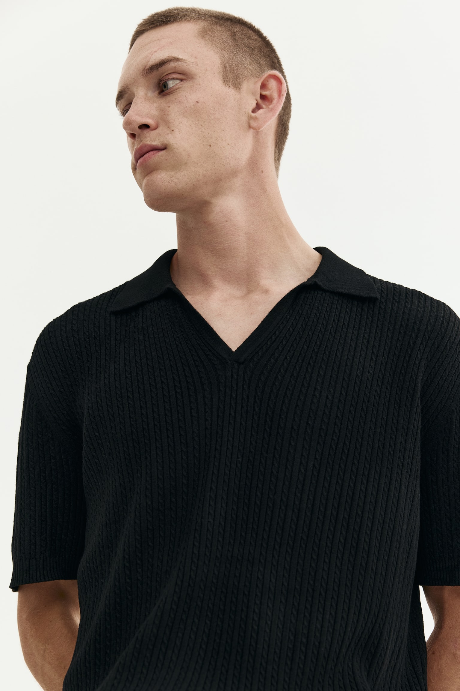 Regular Fit Cable-knit polo shirt - Black/Beige/White - 5
