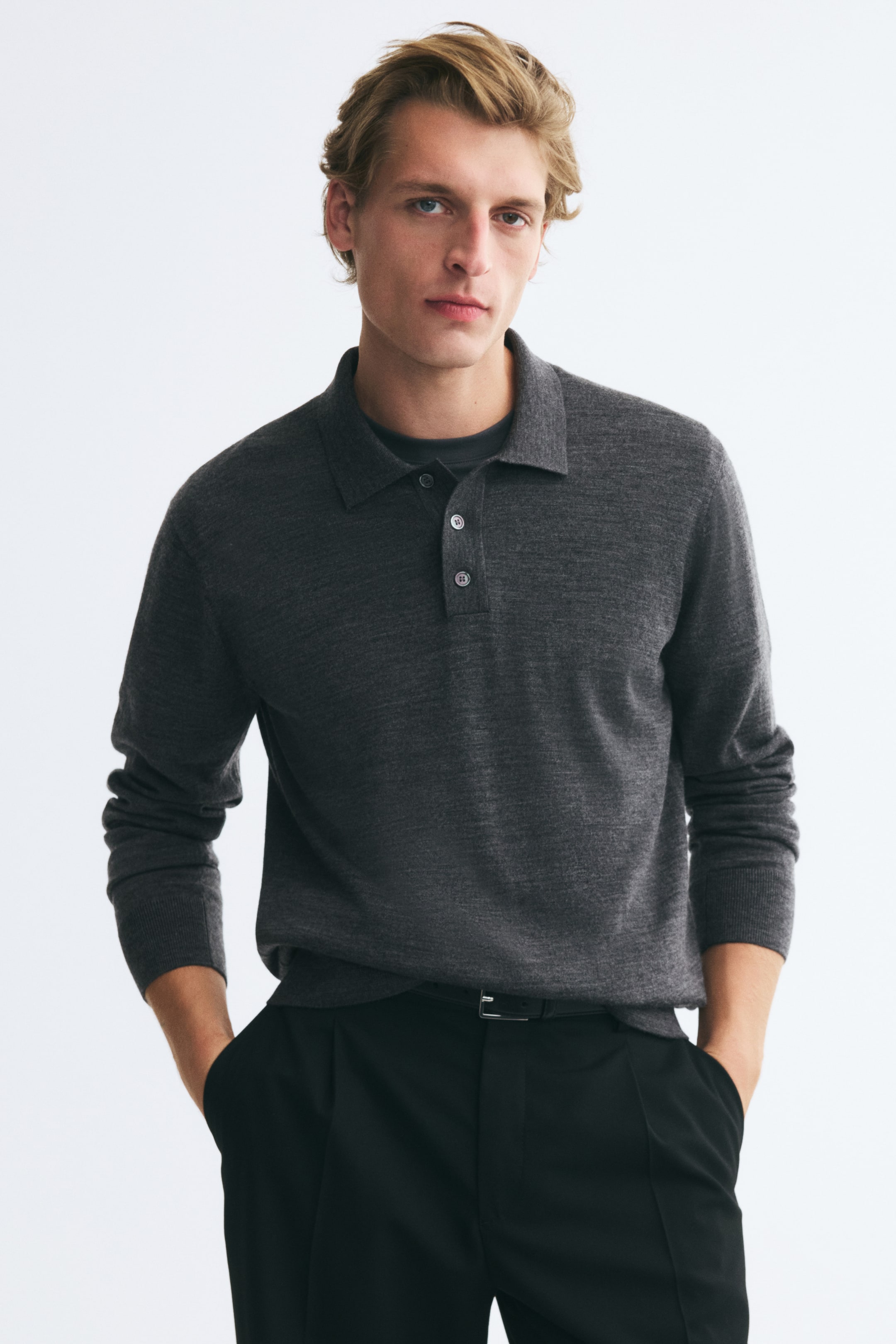 View larger image: Regular Fit Merino wool polo shirt - Dark grey marl - Men | H&M IN 1