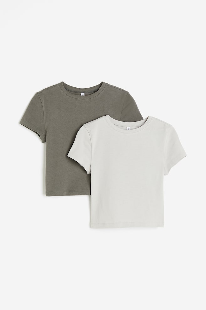 2-pack cropped T-shirts - Khaki green/Light grey/Black/White/Light greige/Black - 1
