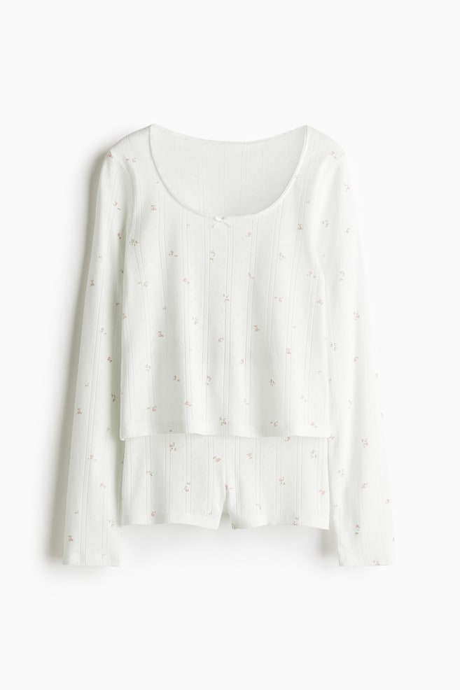 Pigiama in maglia traforata - Bianco/fiori/Giallo chiaro - 1