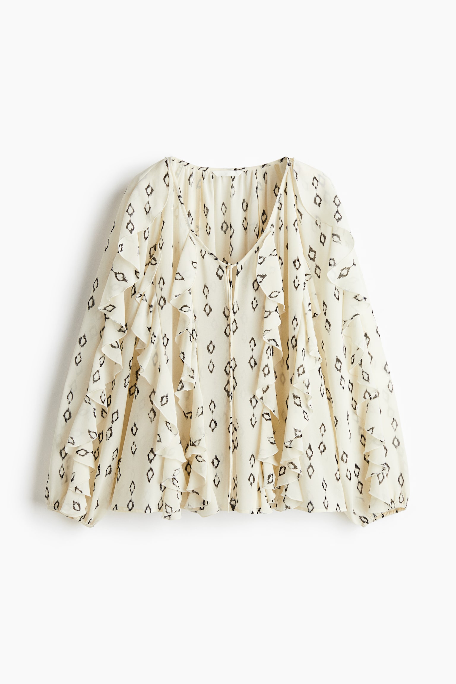 Áo kiểu viền nhún bèo - Màu kem/Hoa văn - 1