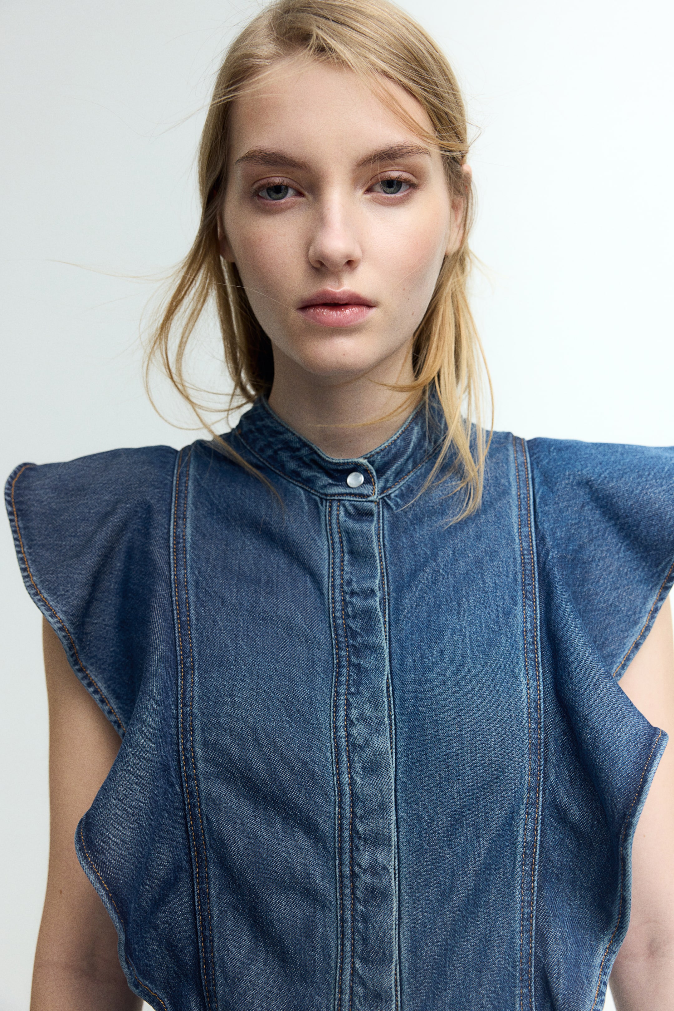 Flounce-Trimmed Denim Dress