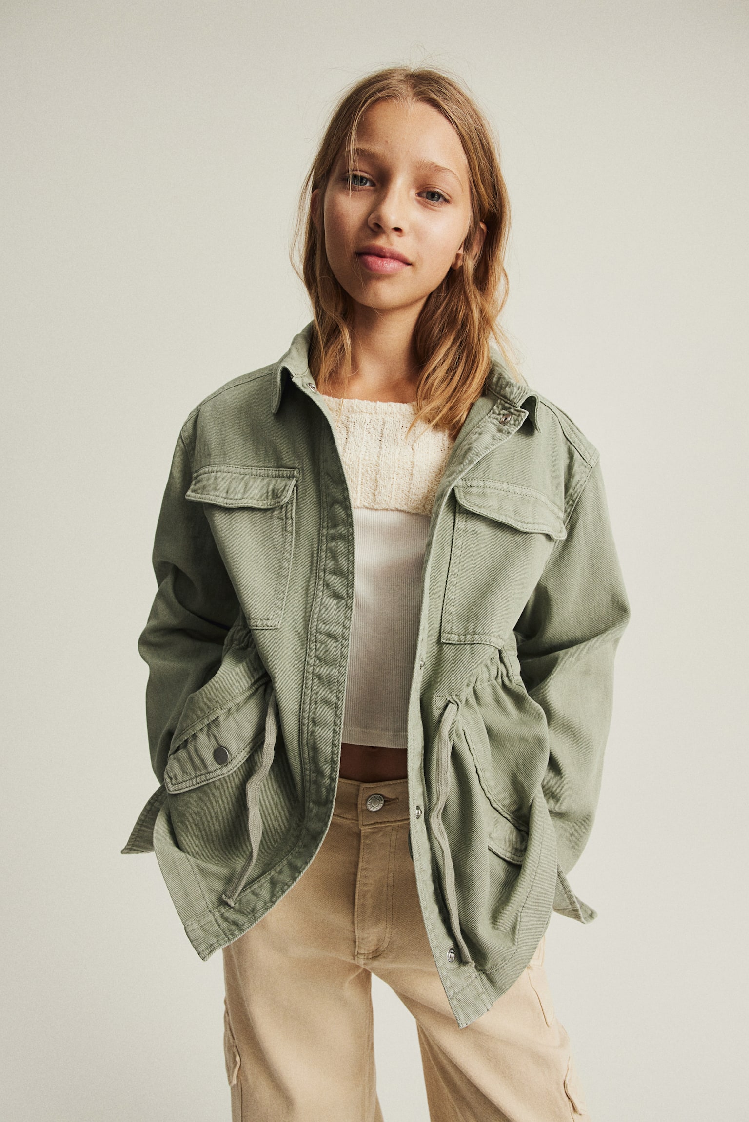 Drawstring Waist Shirt Jacket - Light khaki green - 2