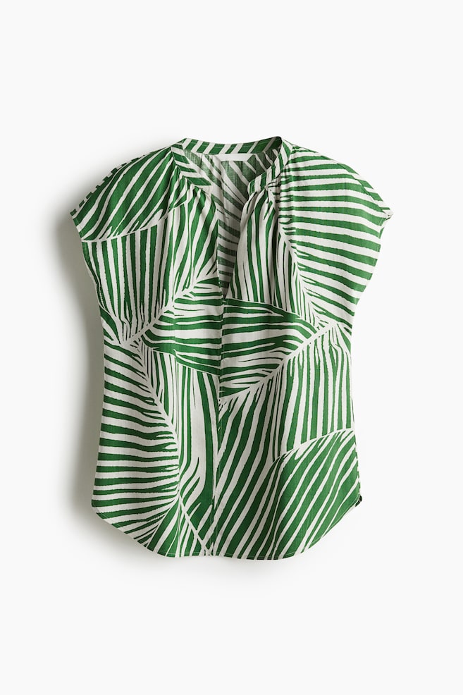 Band-collar blouse - Green/Patterned - 1