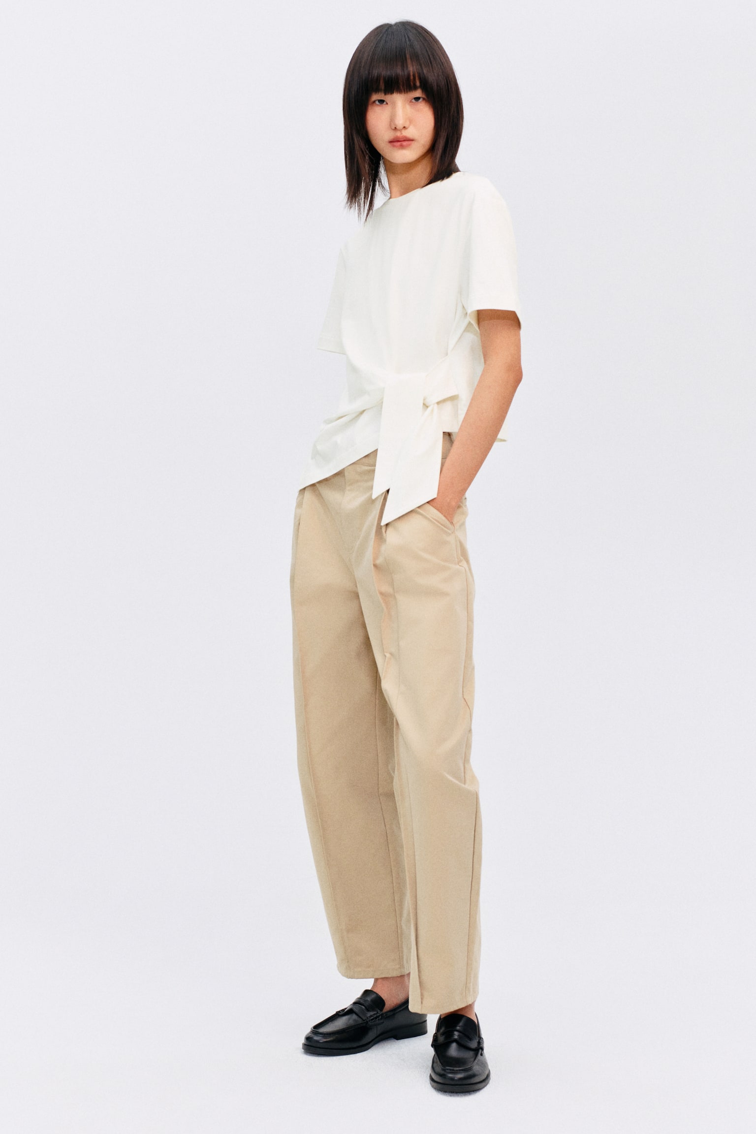 Tie-Detail T-Shirt - White/White/black striped/Gray melange - 4