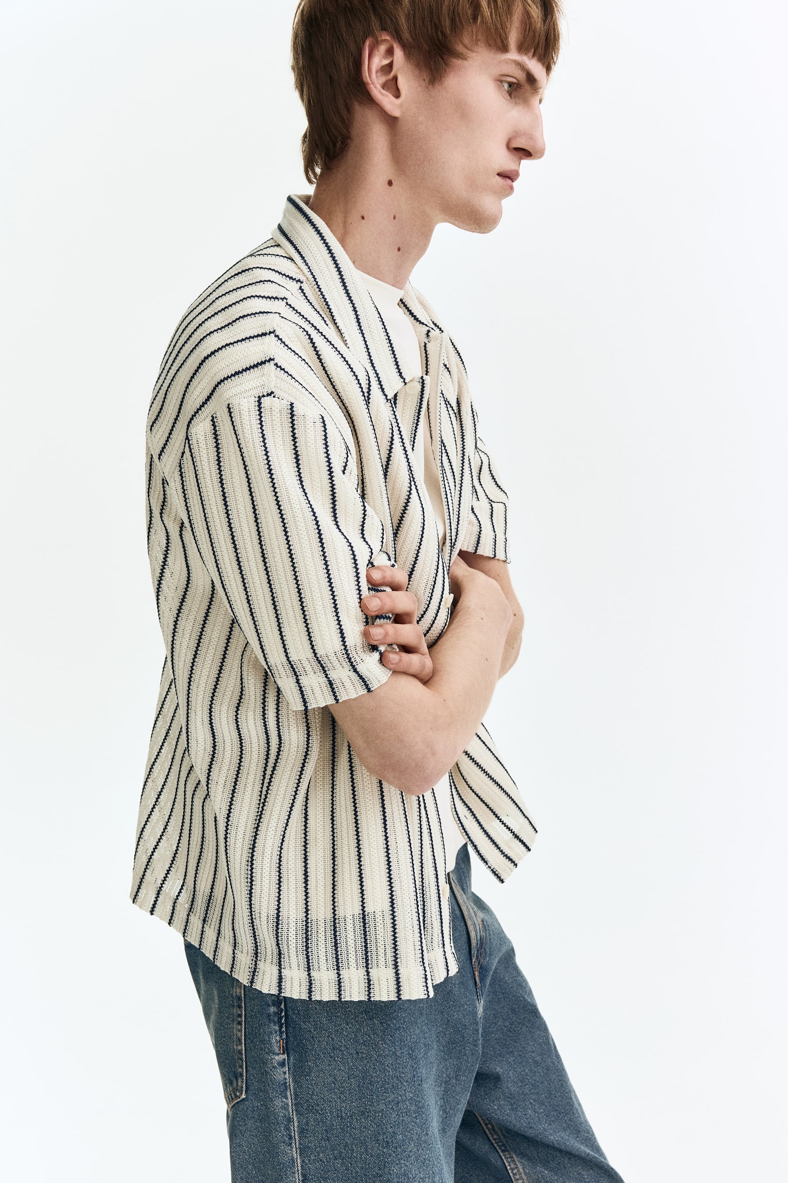 Regular Fit Textured-knit shirt - White/Striped/Dark brown/Striped - 6