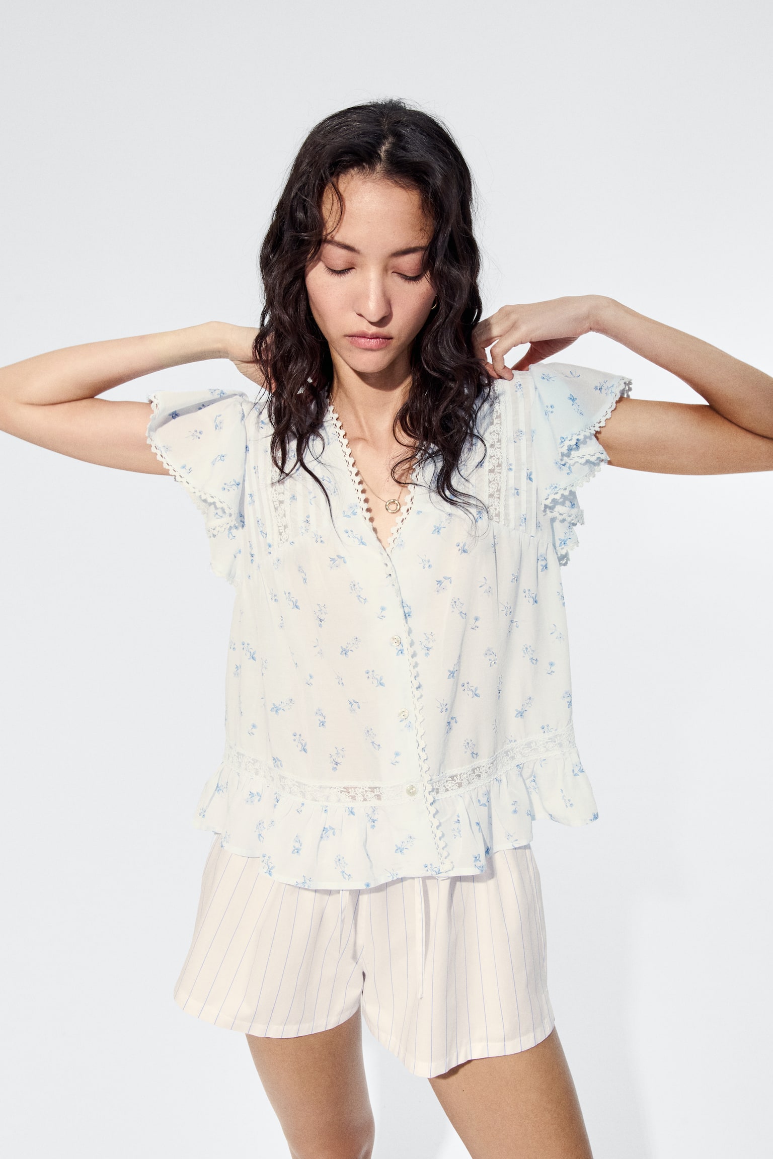 Lace-Inset Blouse - Light blue/floral/Yellow/Light peach pink - 4