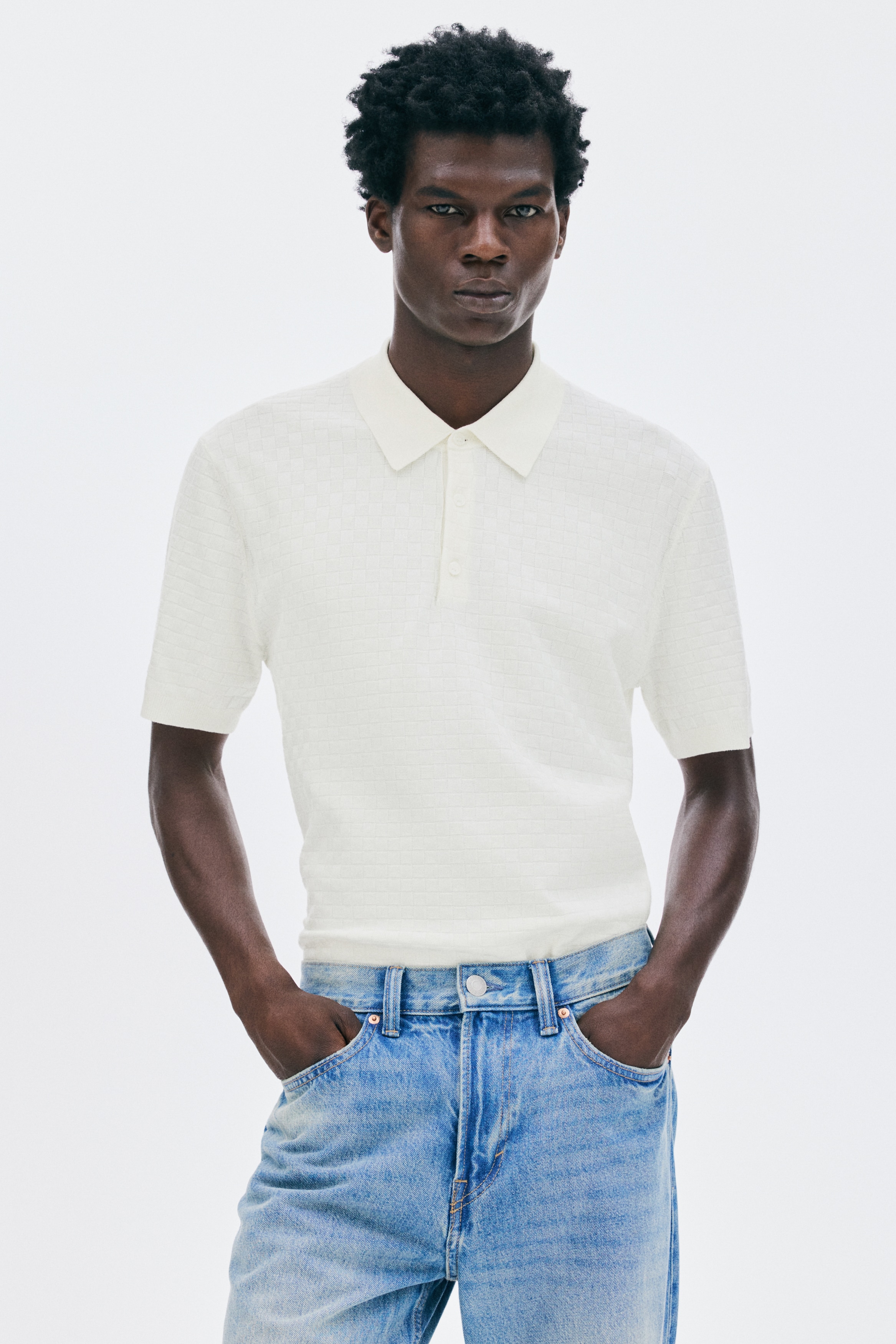 Playera polo Slim Fit en tejido texturizado - Blanco/Beige claro