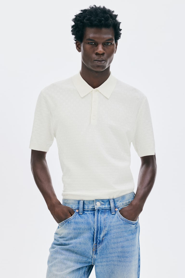 Men - White Slim-Fit Textured-Knit Polo Shirt - Size: XL - H&M Men - White Slim-Fit Textured-Knit Polo Shirt - Size: XL - H&M